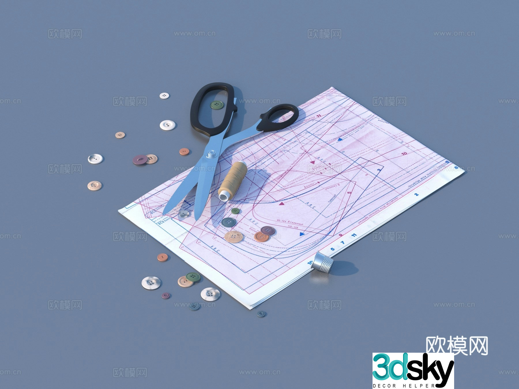 Sewing needle and thread scissors button 3d model