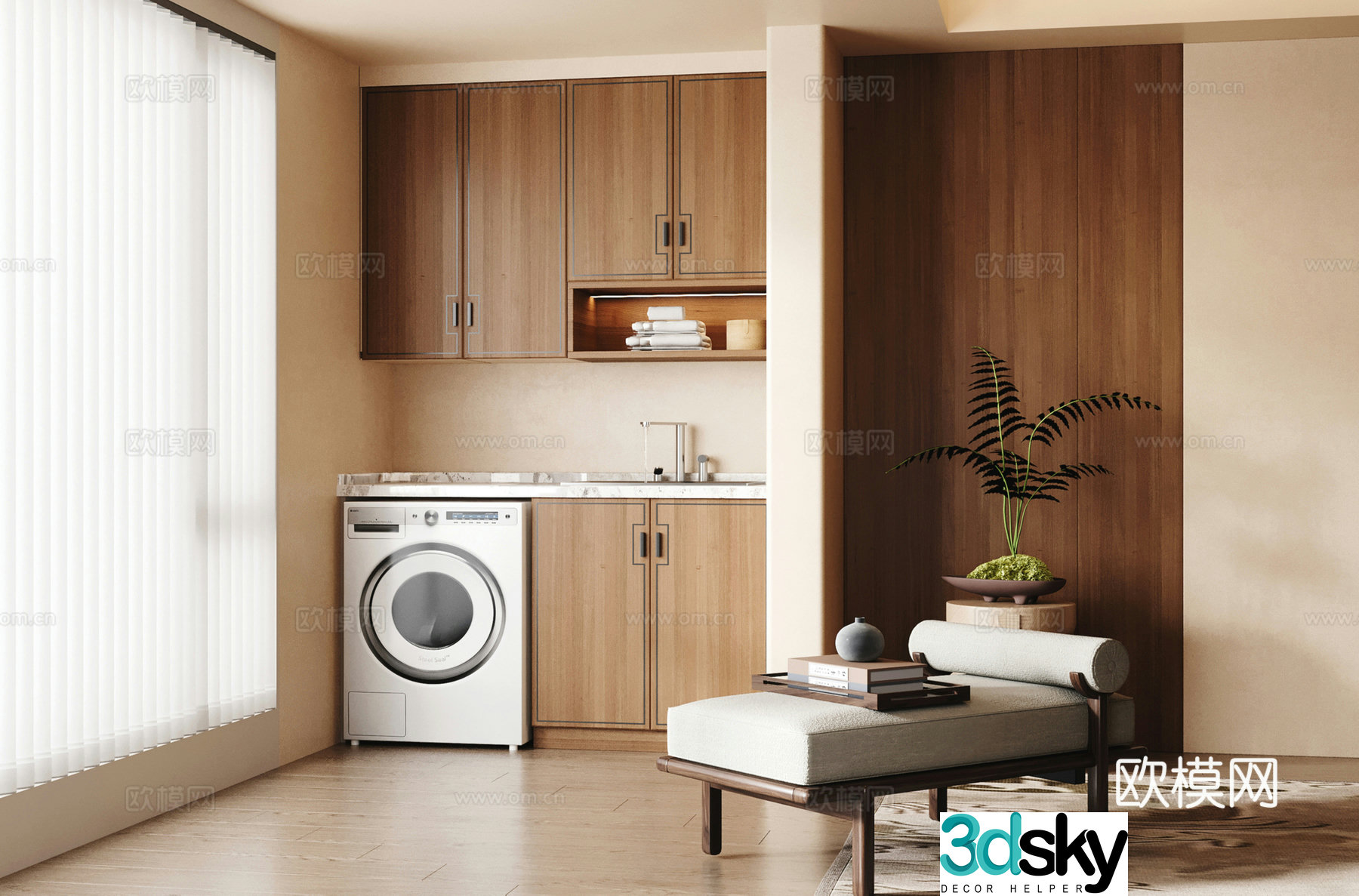 New Chinese style balcony washing machine cabinet storage cabinet bathroom cabinet 3D model
