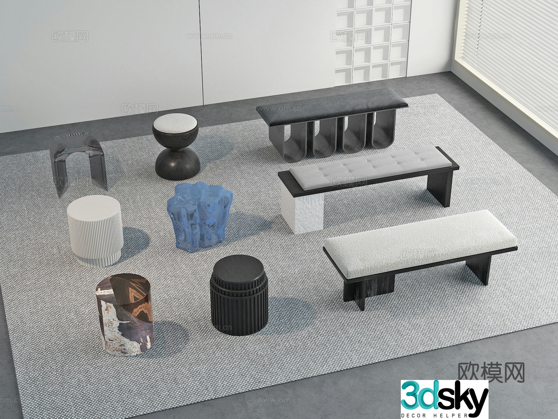 Bench sofa stool round stool wooden stool 3d model