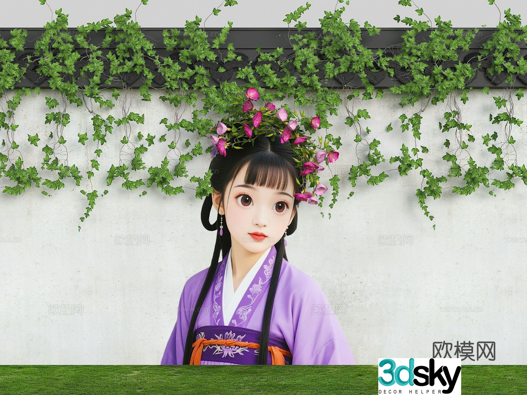 Flower wall fence cartoon wall flower girl hair modern beauty wall wall painting 3d model