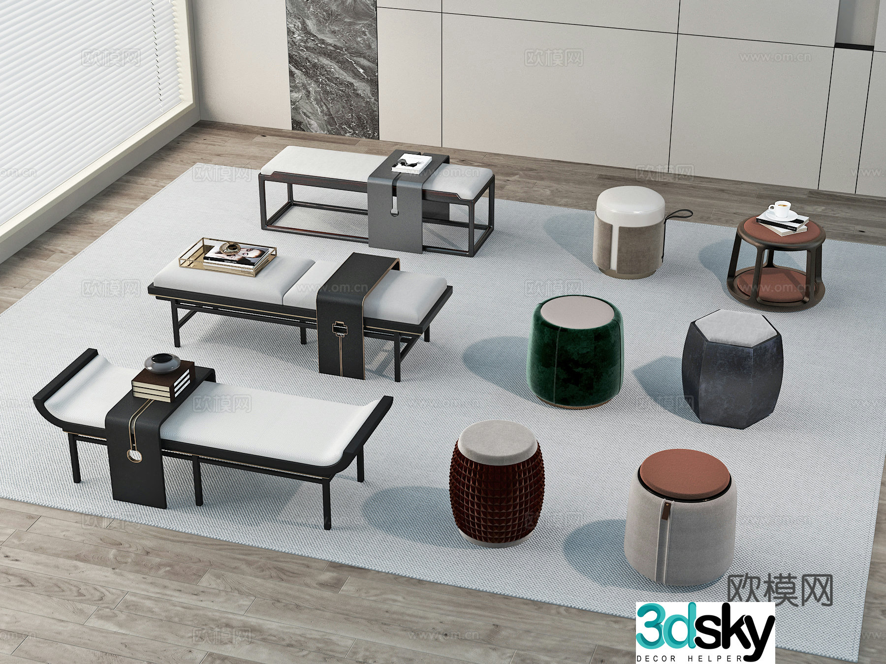 New Chinese style bench sofa stool round stool wooden stool 3D model