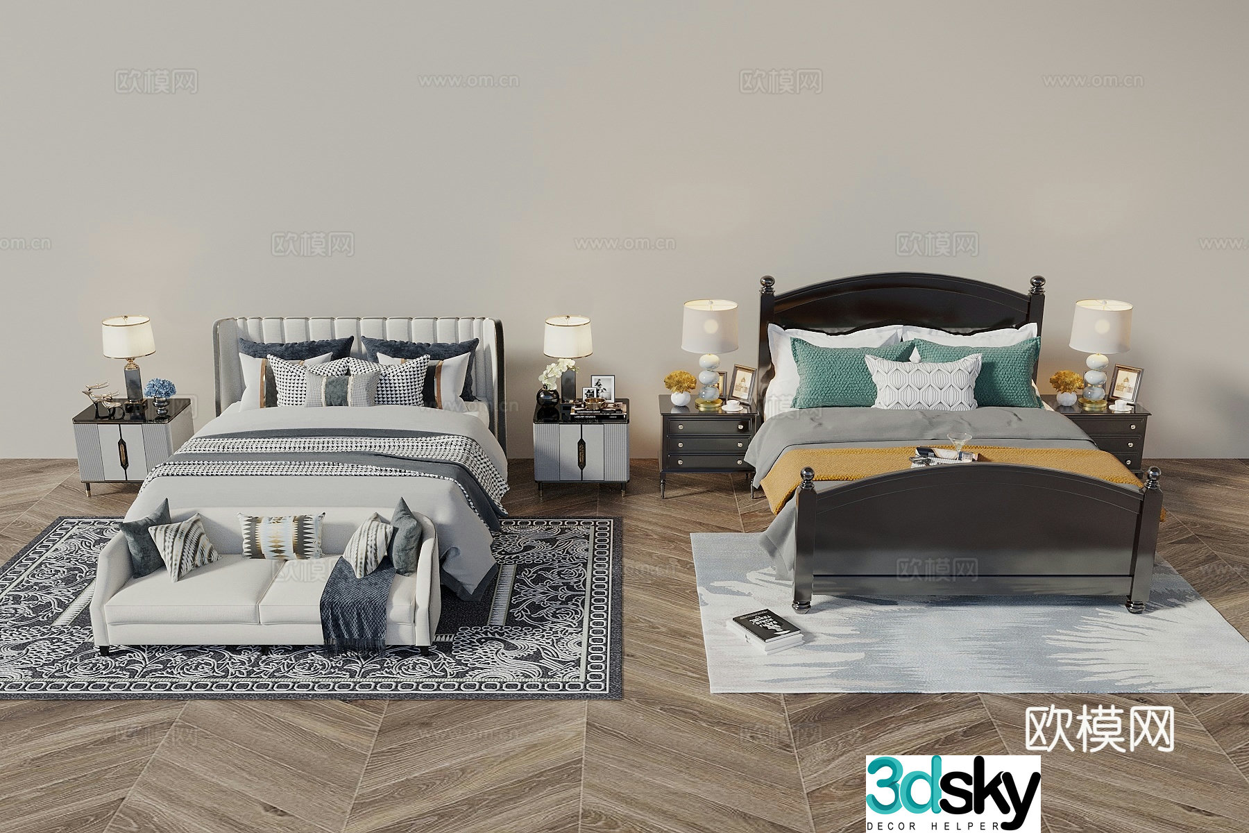 American retro style double bed nightstand bedding 3d model