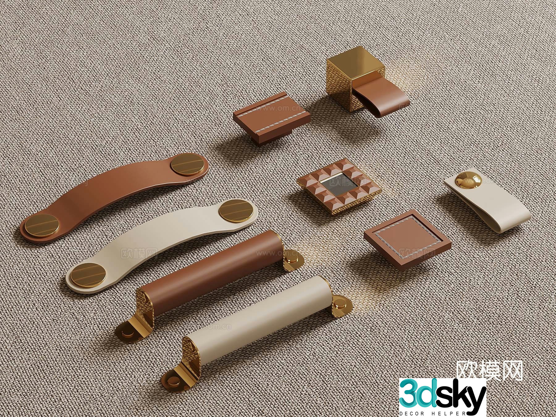 Modern French leather handle button handle cabinet door handle 3d model