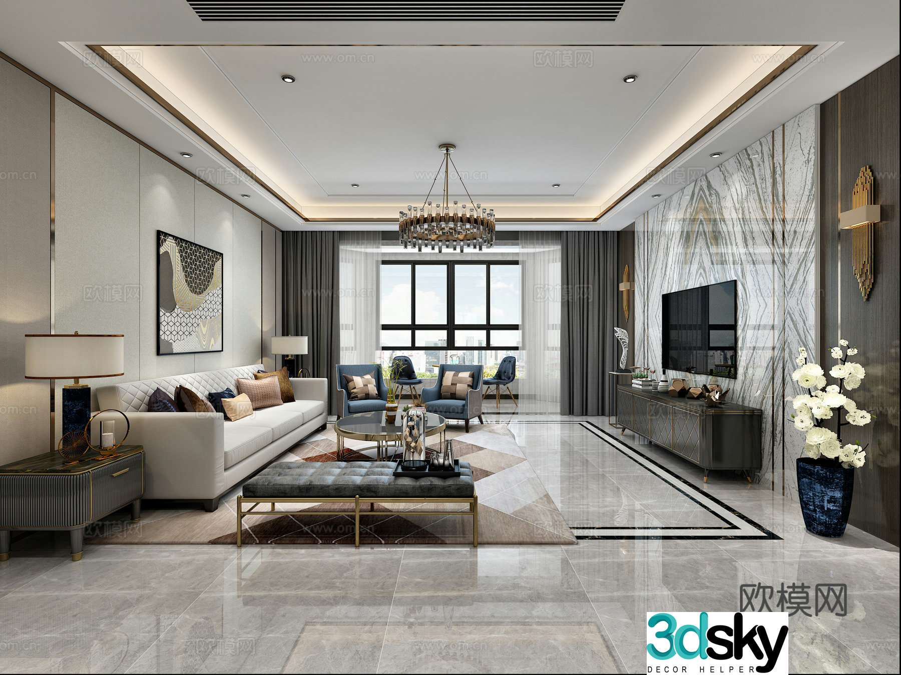 Modern light luxury living and dining room kitchen 3d model