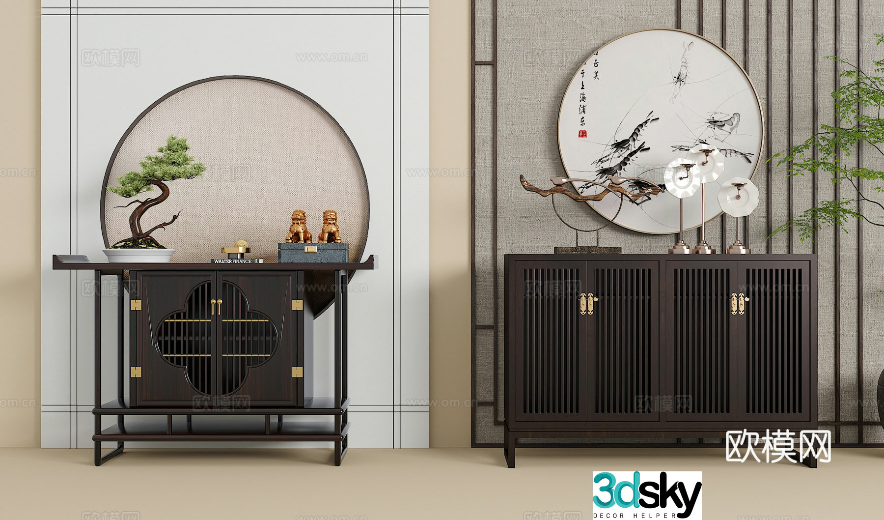 New Chinese style end-view side cabinet porch cabinet hanging painting green plants accessories ornaments 3D model
