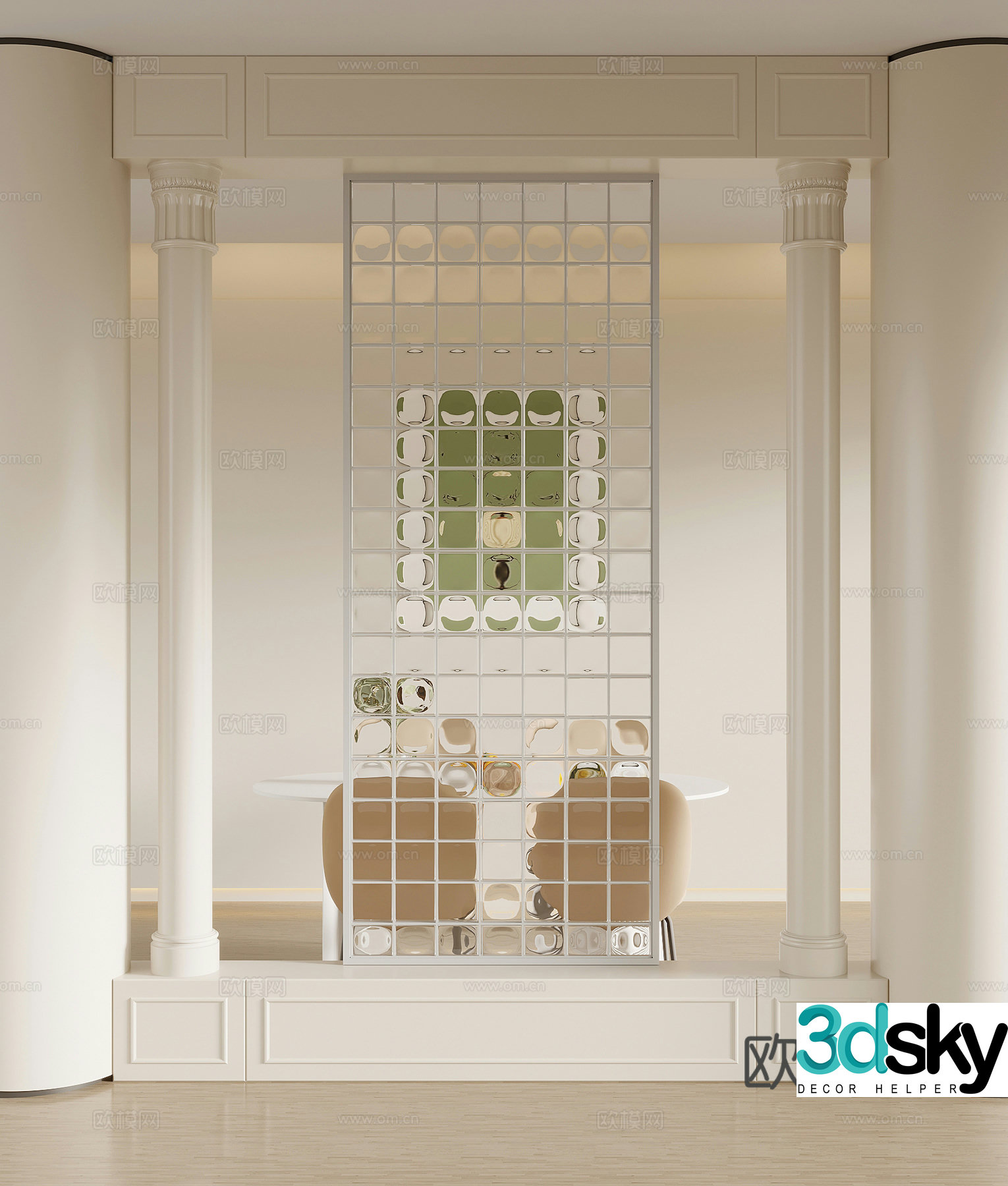 Partition French Cream Style Restaurant Partition Background Wall Dining Table and Chair 3D Model