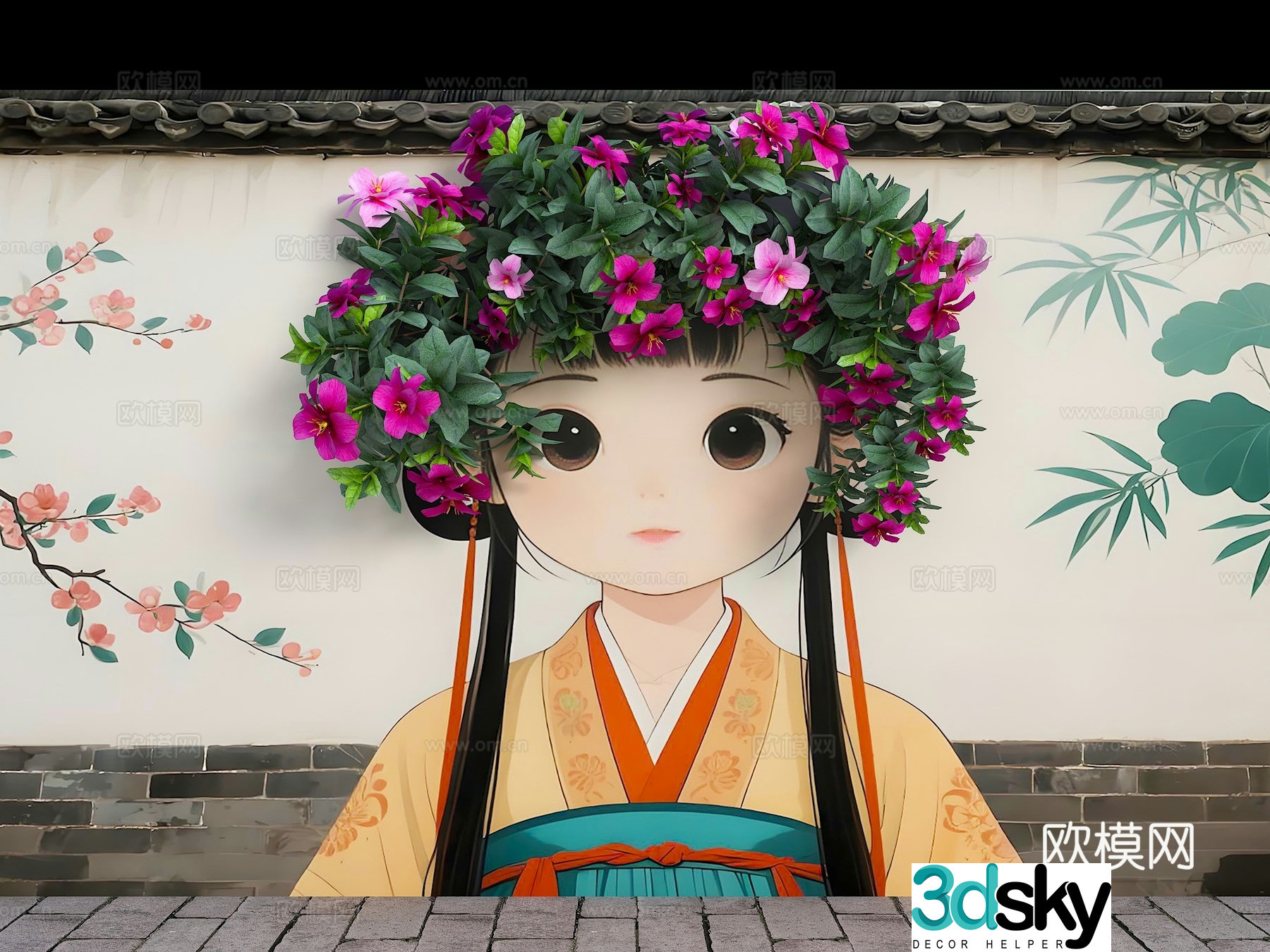 Flower wall fence cartoon wall flower girl hair modern beauty wall wall painting 3d model