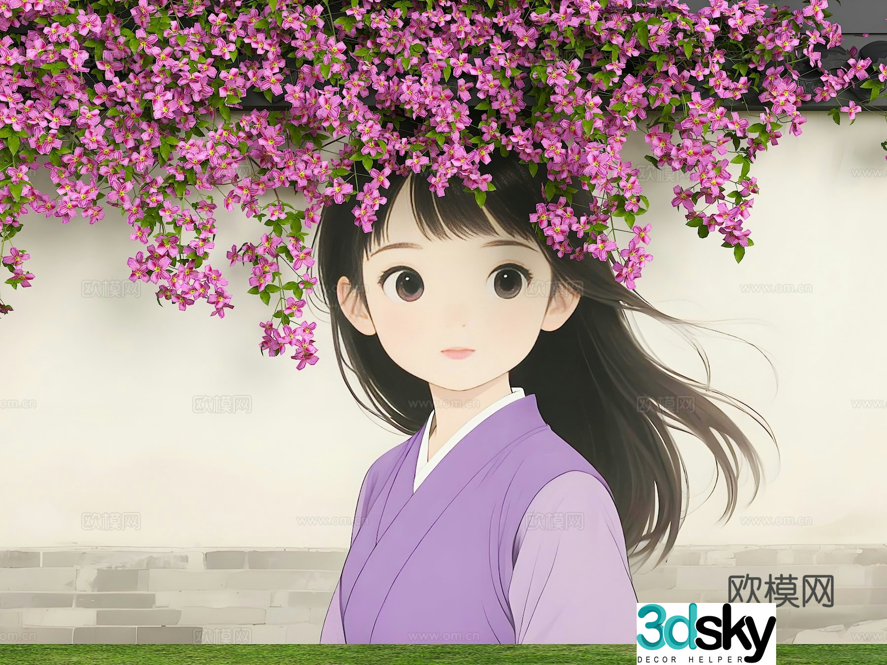 Flower wall fence cartoon wall flower girl hair modern beauty wall wall painting 3d model