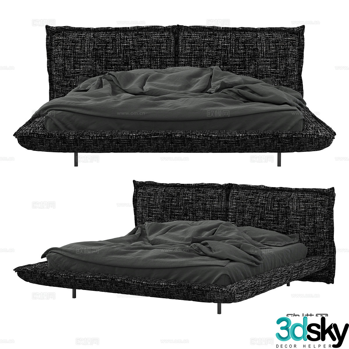 Modern minimalist dark style fabric double bed 3D model