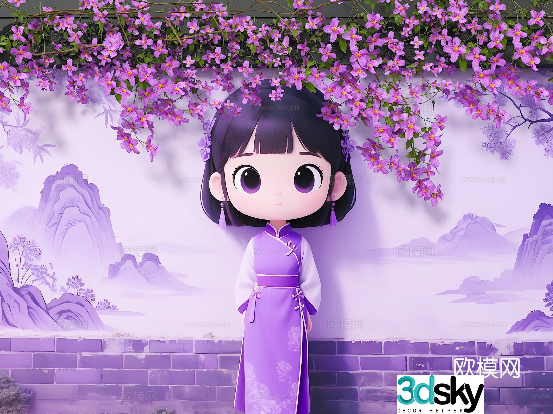 Flower wall fence cartoon wall flower girl hair modern beauty wall wall painting 3d model