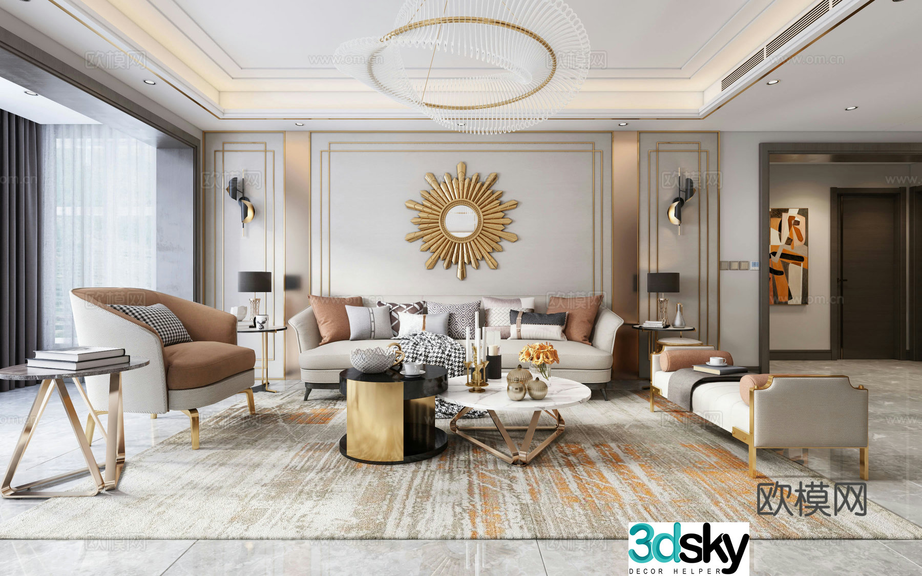 Modern living room dining kitchen 3d model