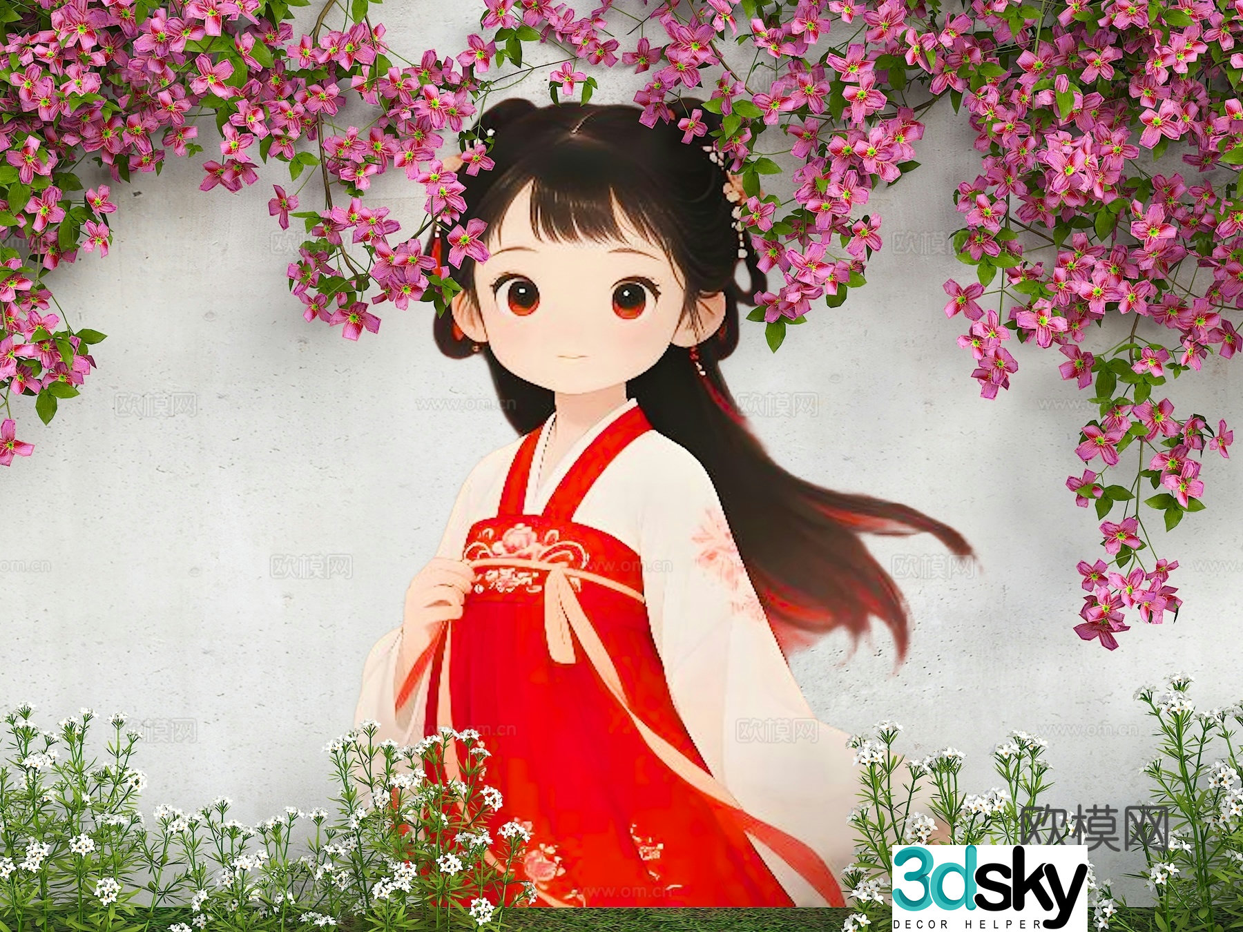 Flower wall fence cartoon wall flower girl hair modern beauty wall wall painting 3d model