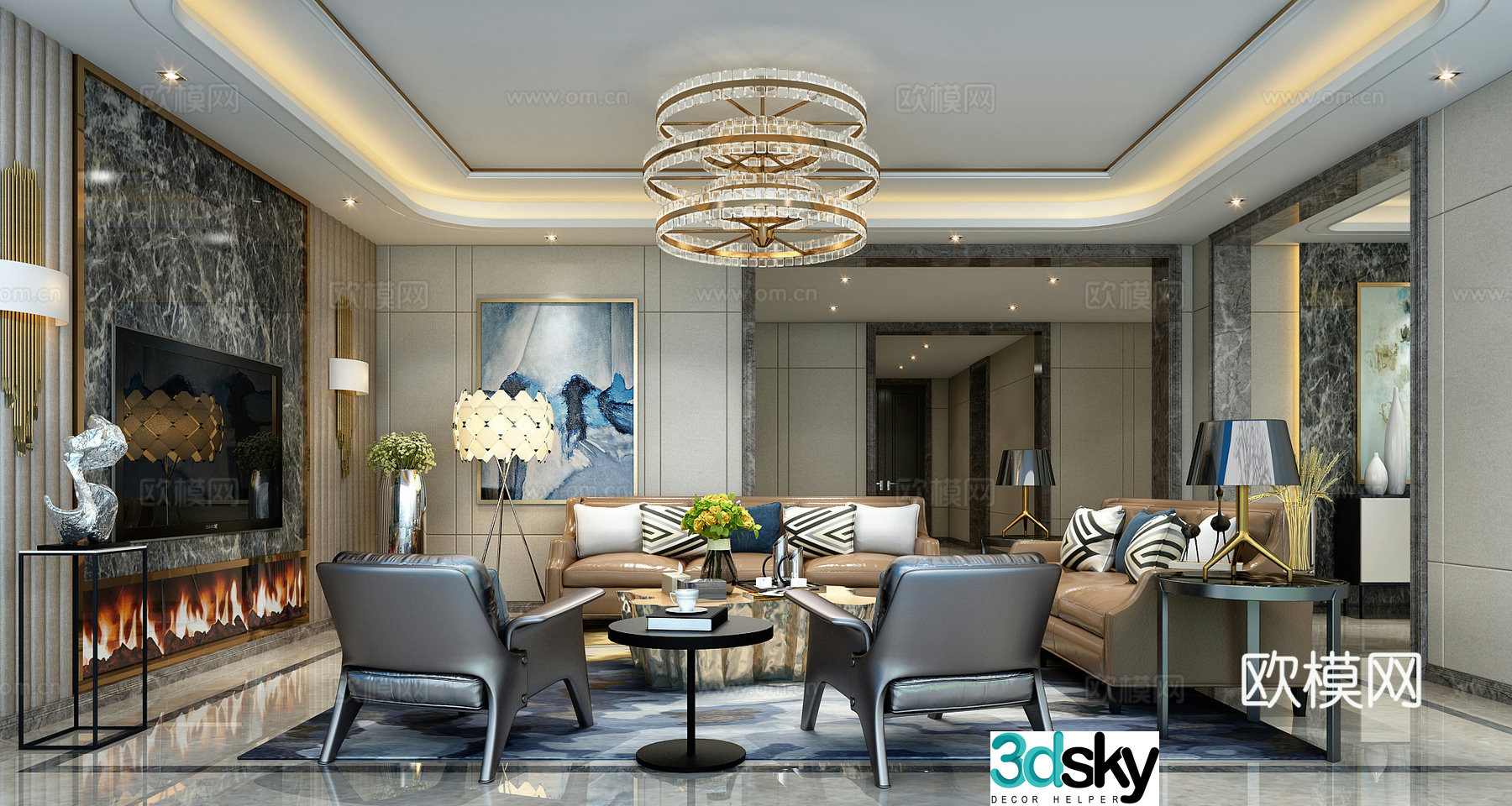 Modern light luxury living and dining room 3D model