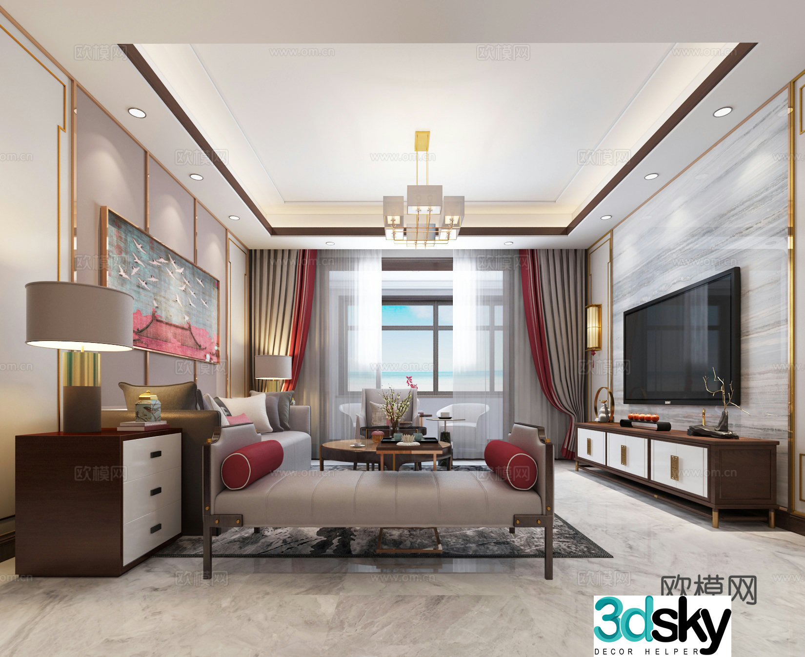 New Chinese style living and dining room chandeliers sofa 3d model