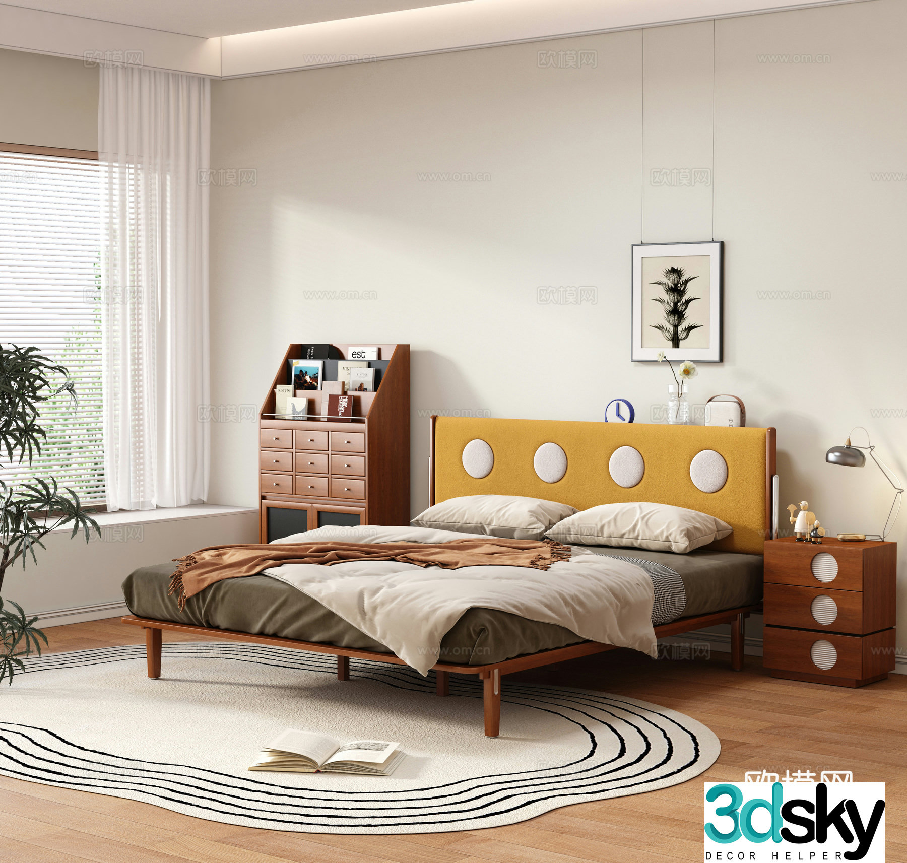 Medium retro double bed solid wood bed master bedroom bed finished double bed solid wood bed nightstand 3D model