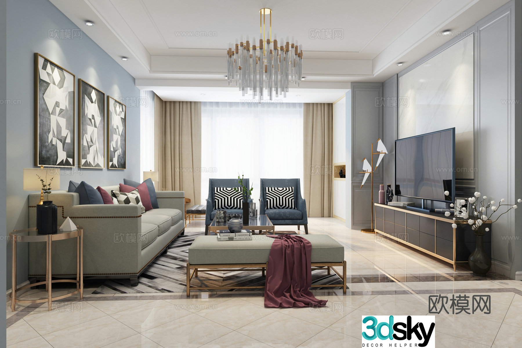 Modern living and dining room wine cabinet chandeliers 3d model