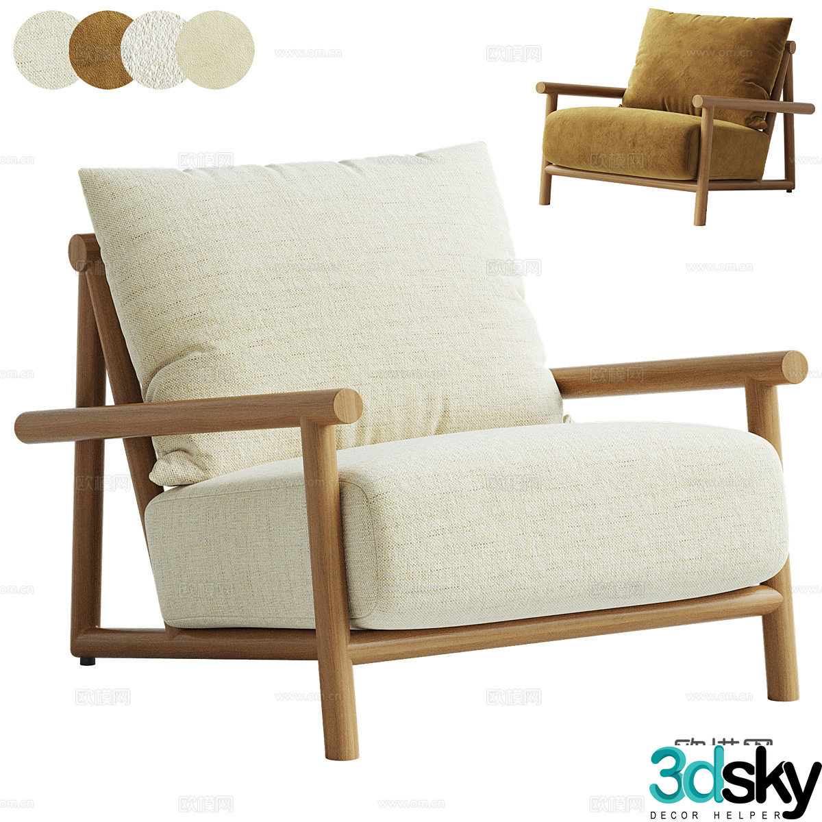 New Chinese style log fabric armchair 3D model