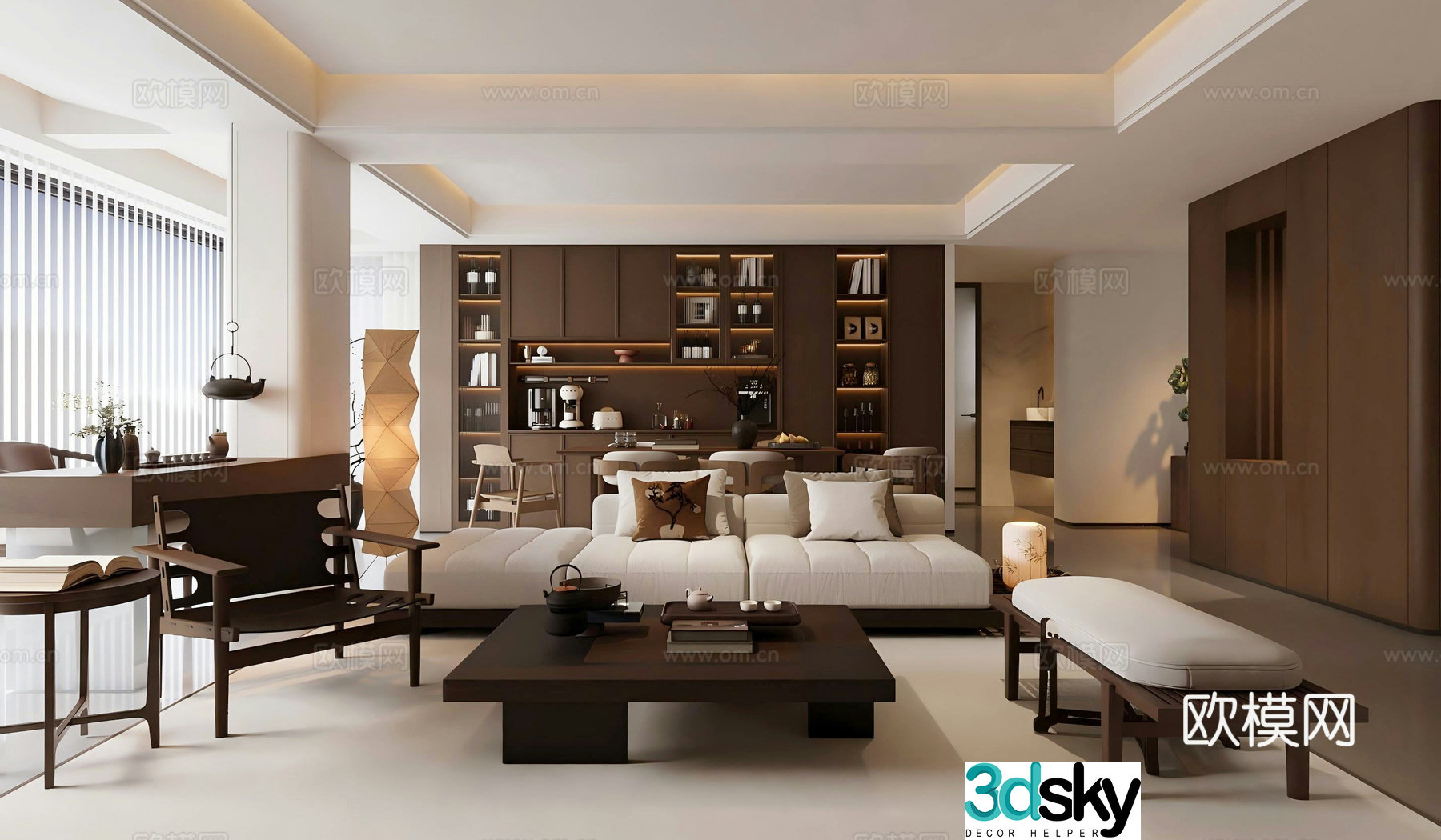 New Chinese Zen Home Living Room Chinese Living Room Song-style Aesthetic Living Room No-Lounge Living Room Single Chair 3D Model