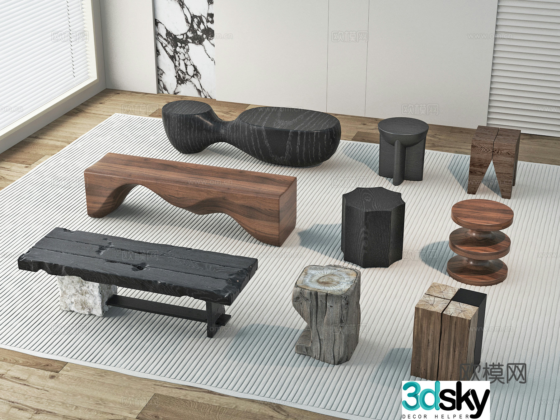 Middle-aged style Wasabi style Sofa stool Bench Wooden stool 3D model