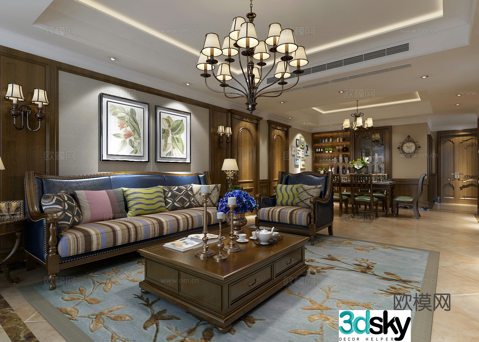 American living and dining room Classical American living and dining room American sofa chandeliers Dining table and chairs 3D model