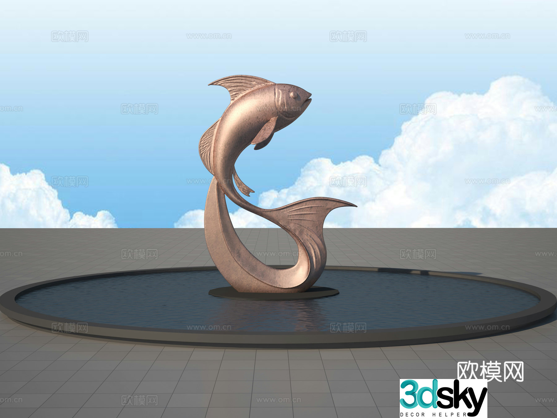 Carp leaping on the dragon gate sculpture 3d model