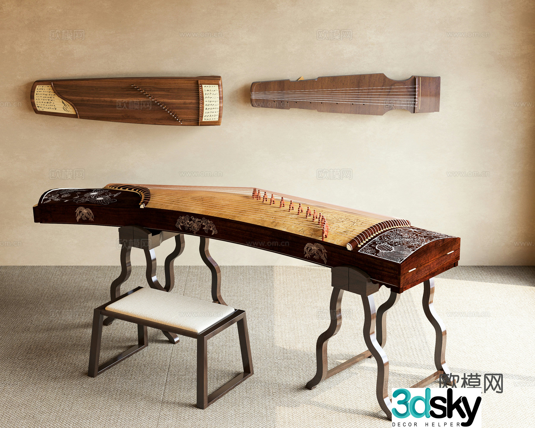 guzheng new chinese musical instrument guqin traditional musical instrument guzheng table and chair new chinese musical instrument 3d model