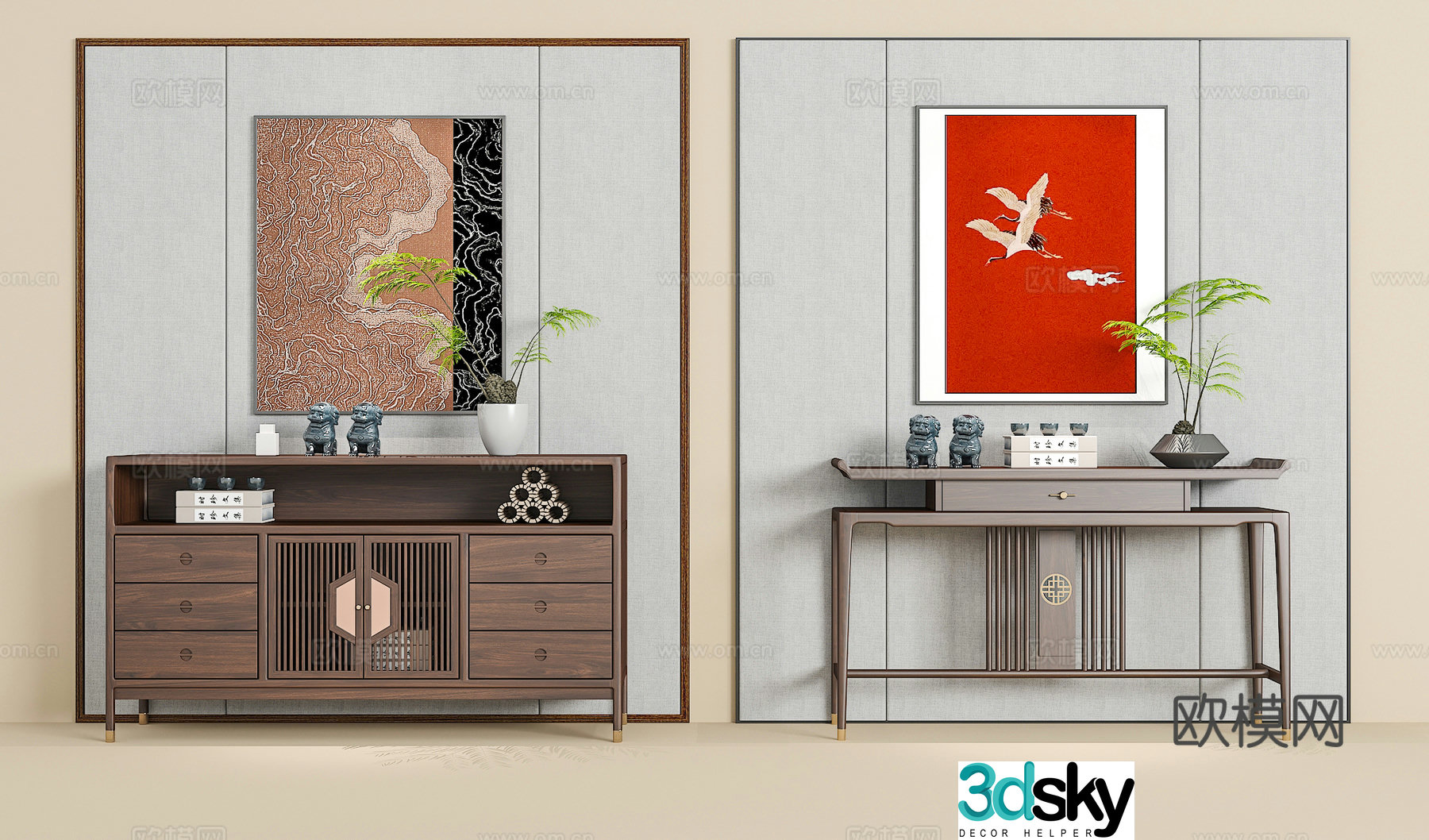 New Chinese style end-view side cabinet porch cabinet hanging painting green plants accessories ornaments 3D model