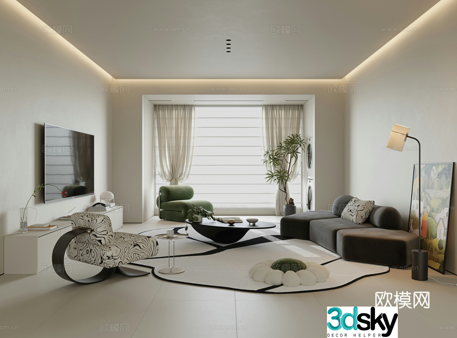 Minimalist creamy living room Small living room Living room without owner lights Sofa coffee table combination Single person 3D model