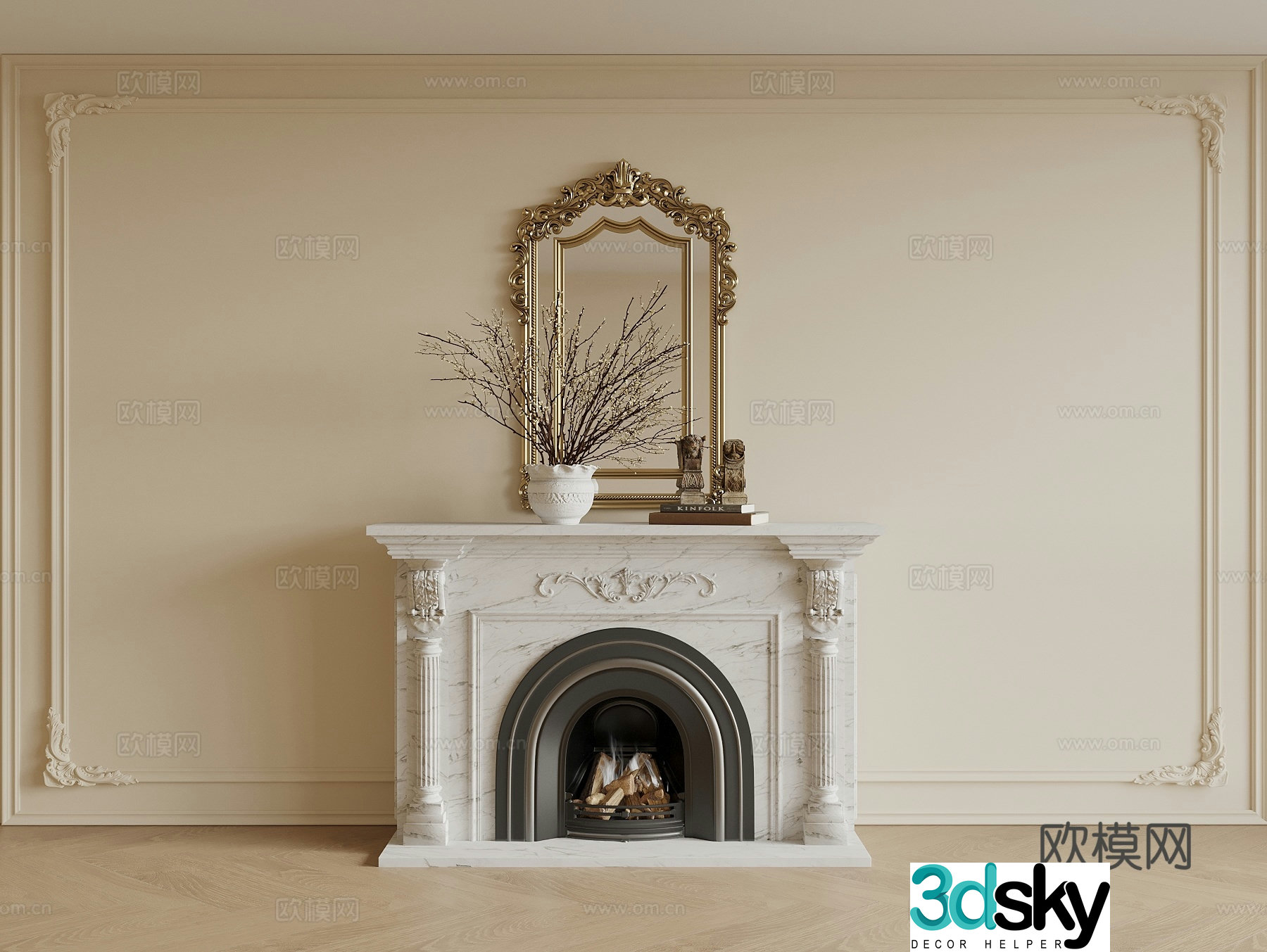French fireplace European fireplace Mirror Table lamp Plaster line background wall 3d model