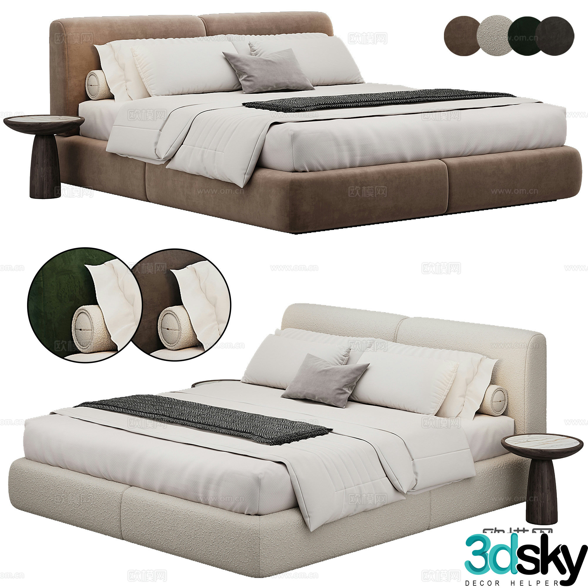 Bedroom modern double bed pillow bedding 3d model