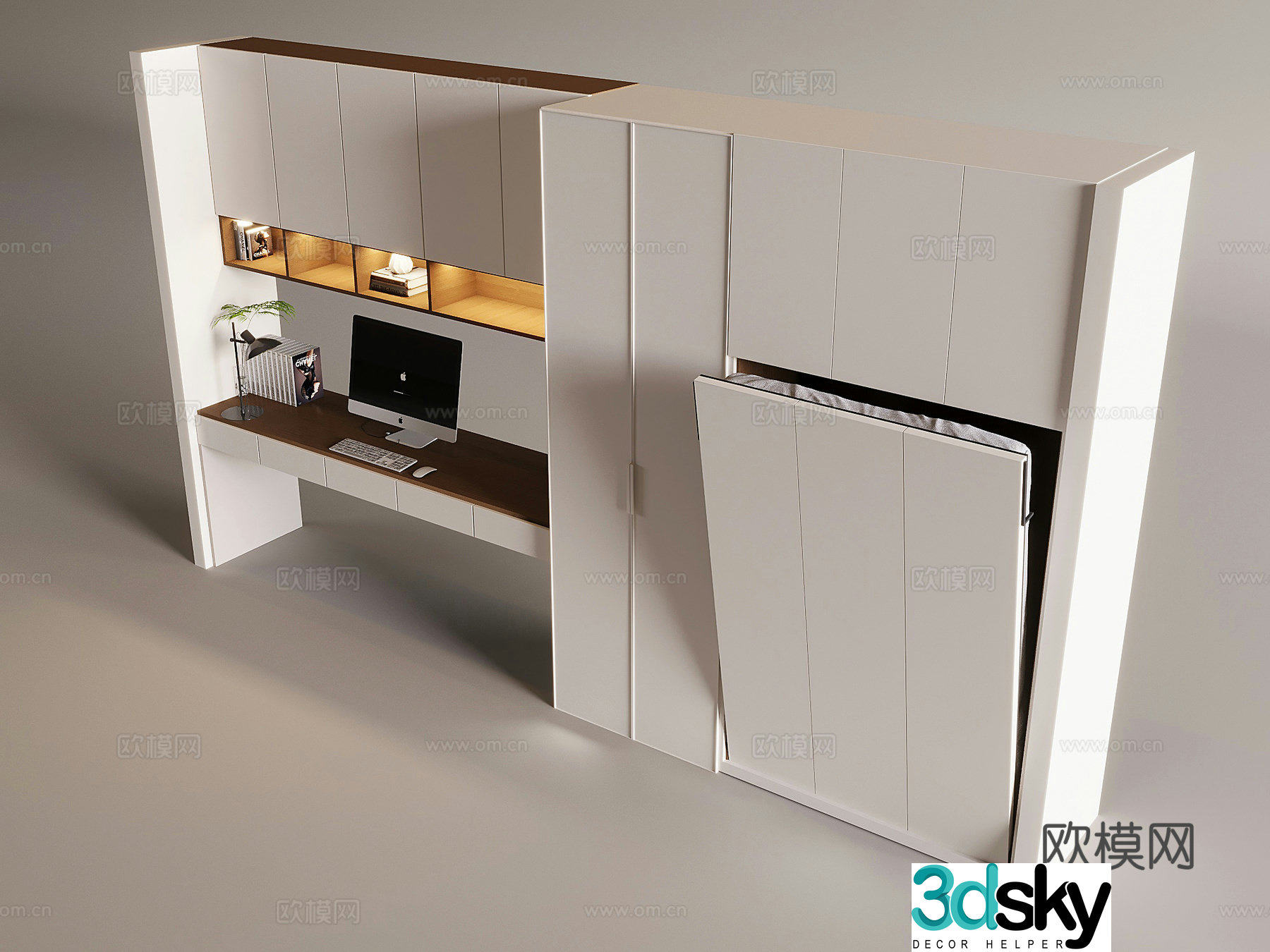 Nordic desk desktop computer Invisible bed wardrobe integrated folding bed Murphy side rolling bed 3D model