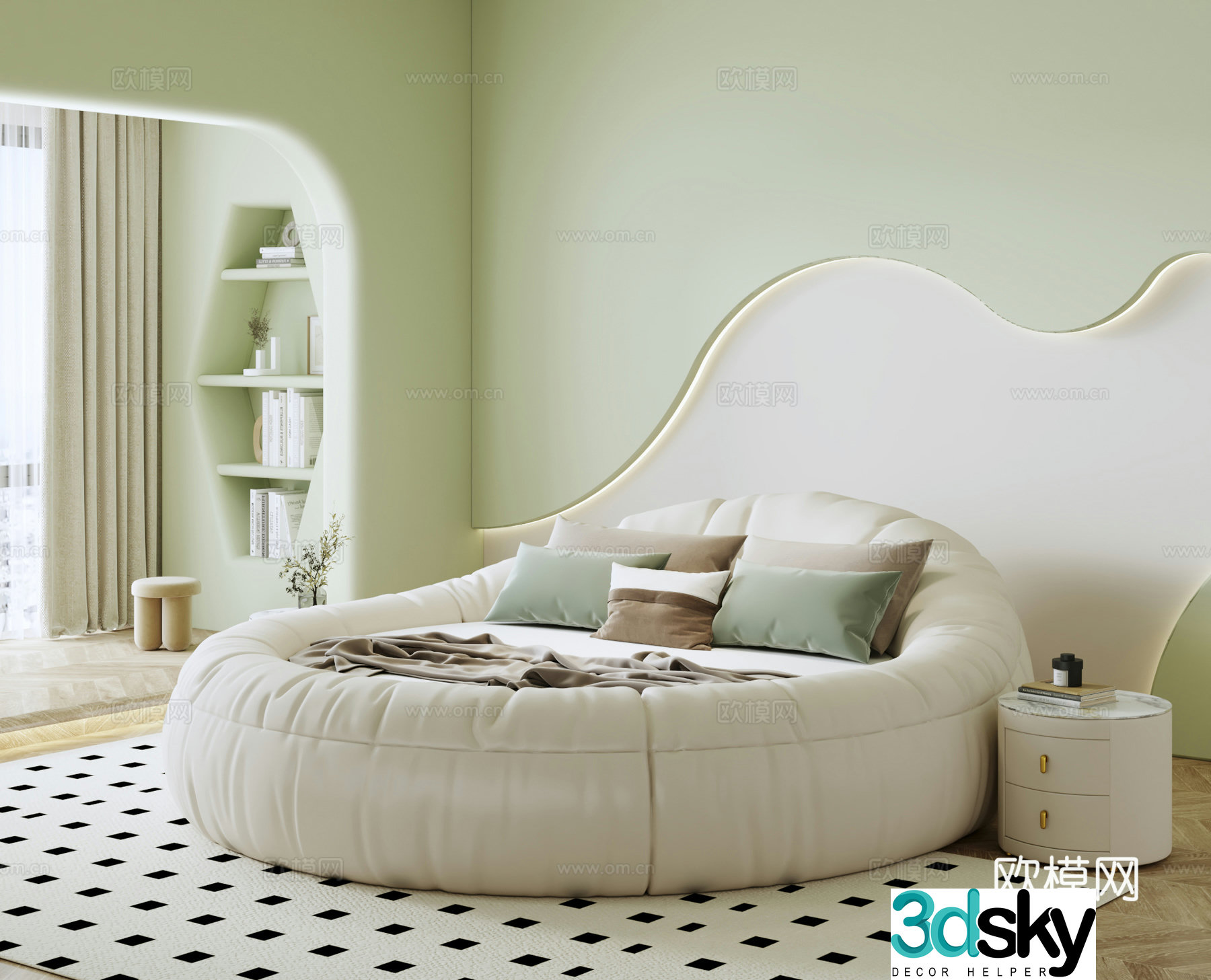 Modern cream big round bed Hotel apartment round bed Couple round bed Bed nightstand Double bed 3D model