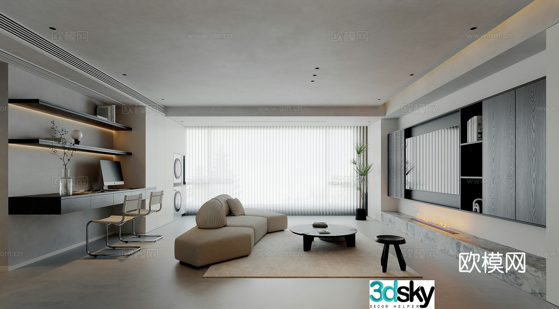 Italian minimalist living and dining room sofa desk study TV background 3d model