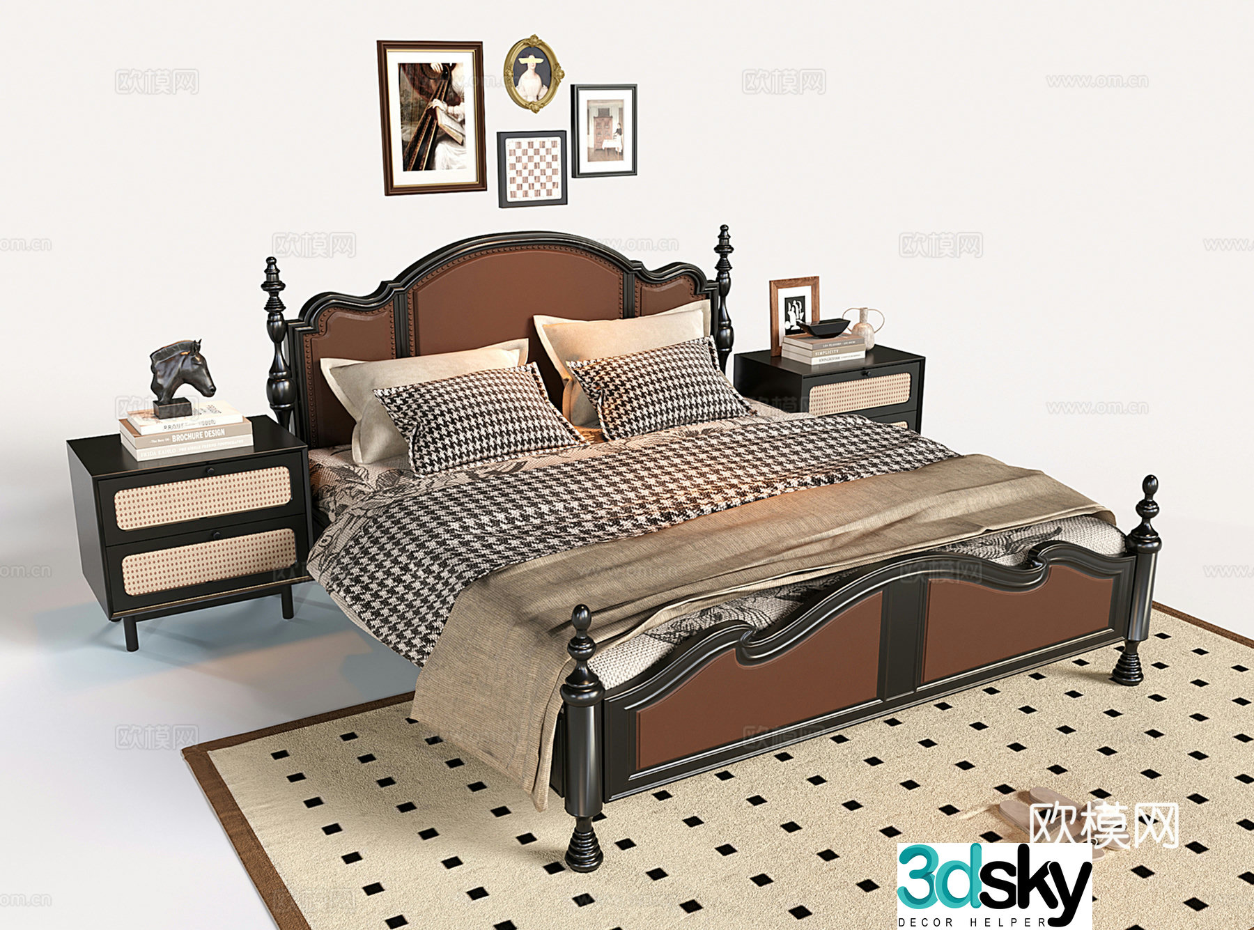 French double bed retro wooden double bed rattan nightstand 3D model