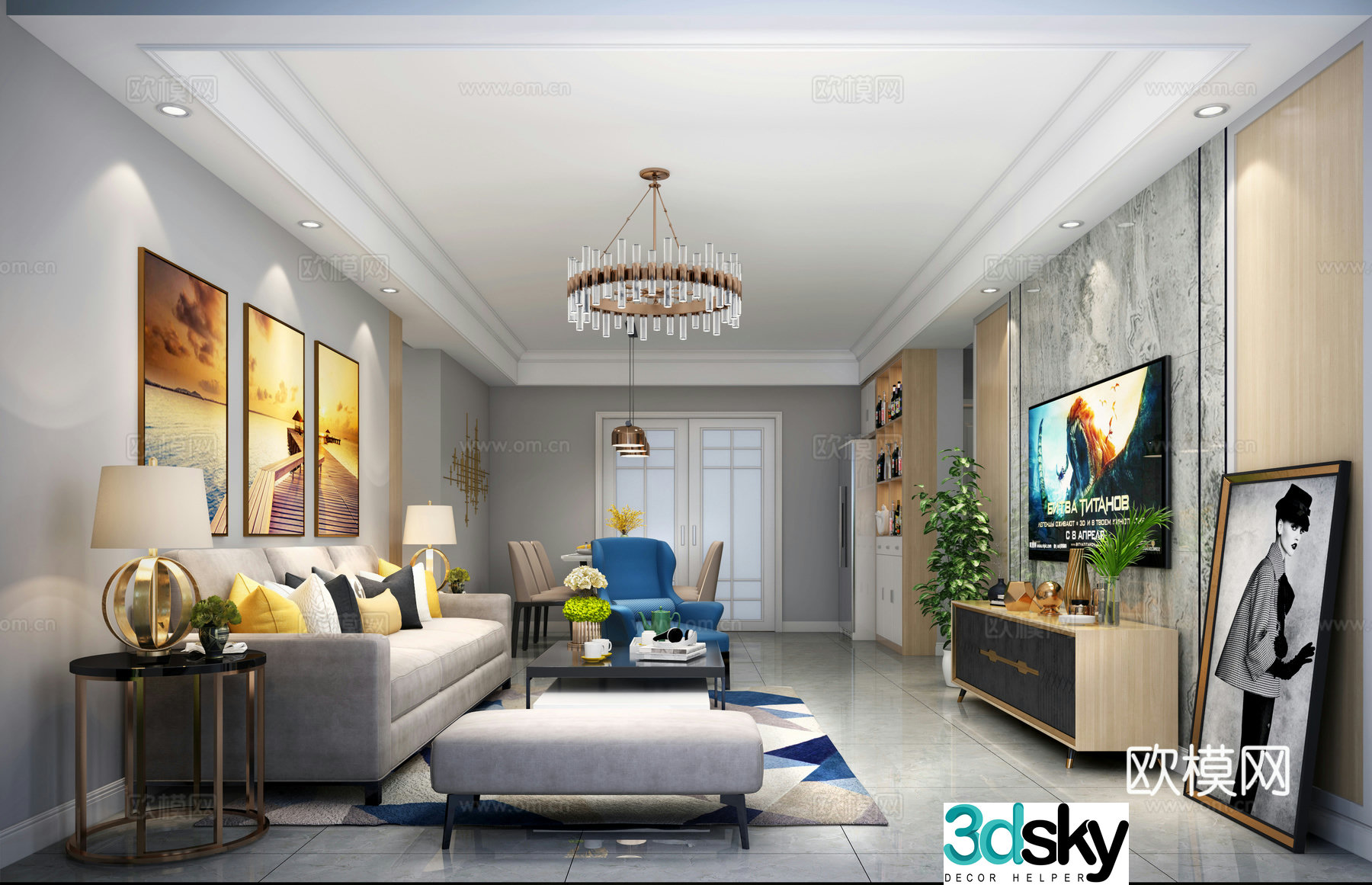 Modern living and dining sofa coffee table TV cabinet 3d model