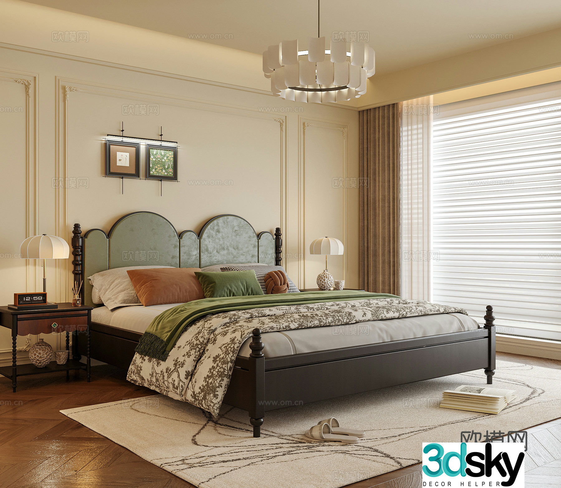 French bedroom double bed nightstand bedroom chandeliers 3d model