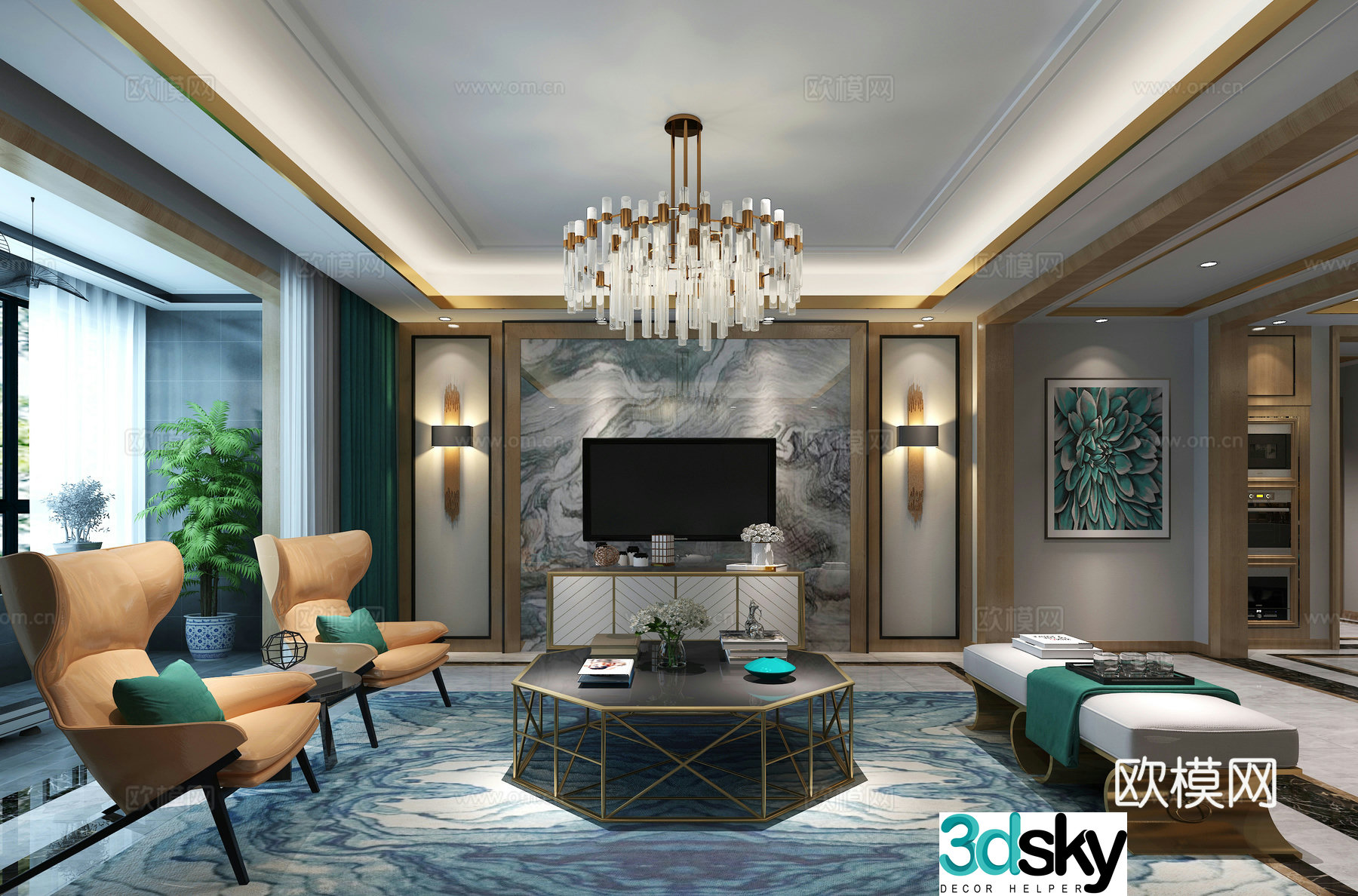 Modern living and dining sofa coffee table dining table chair chandeliers hanging paintings TV cabinet 3D model