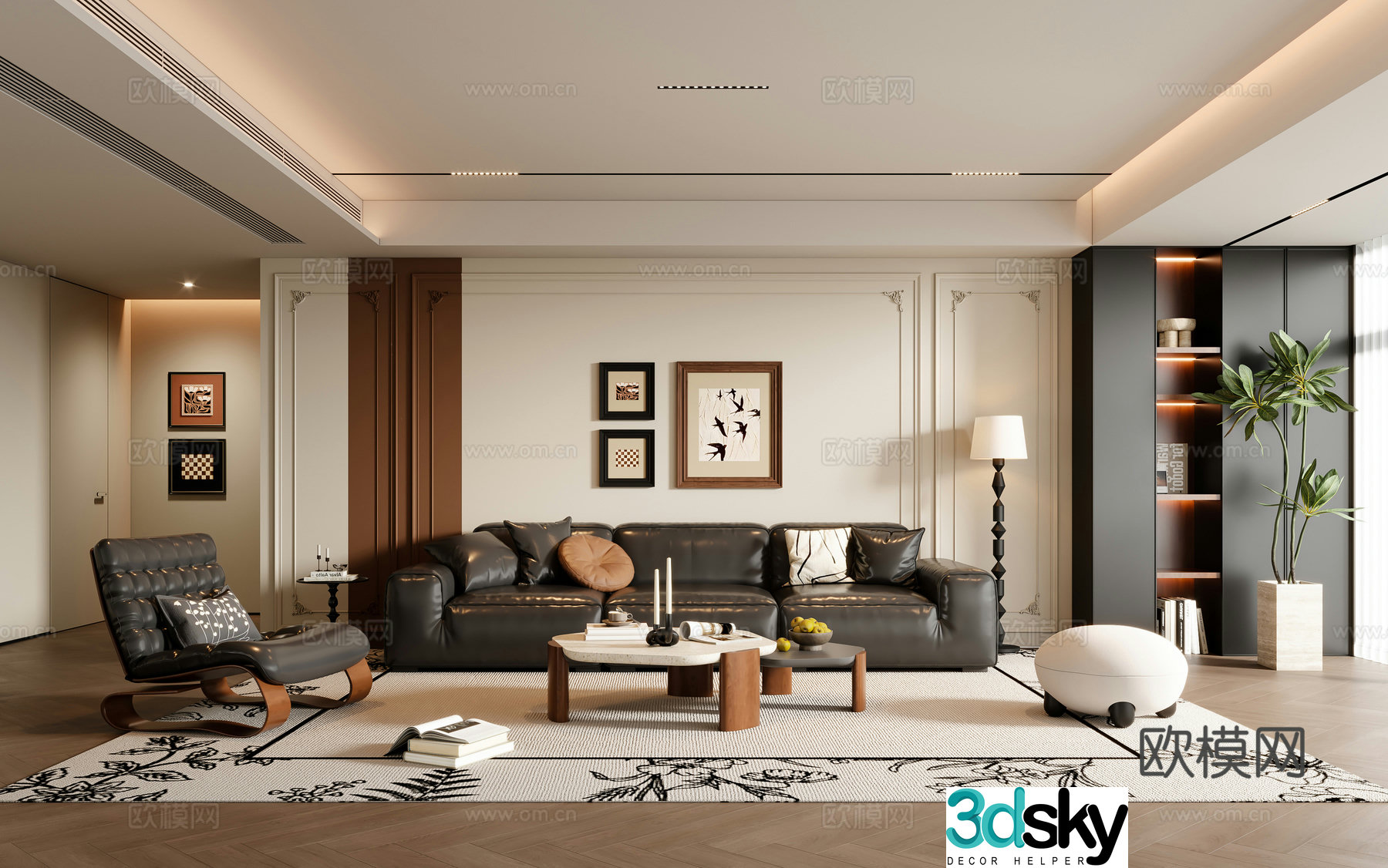 French medieval style living room sofa coffee table three-person sofa casual sofa painting floor lamp 3D model