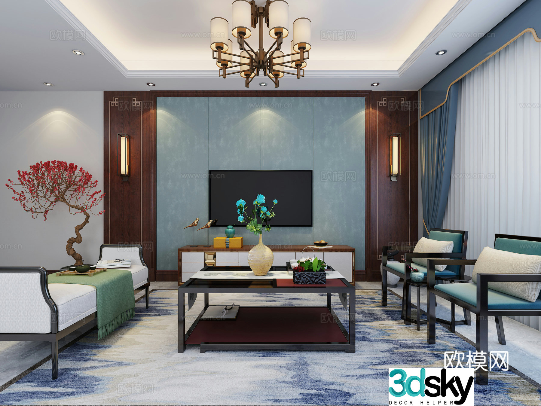 New Chinese style living room background wall sofa chandelier 3d model