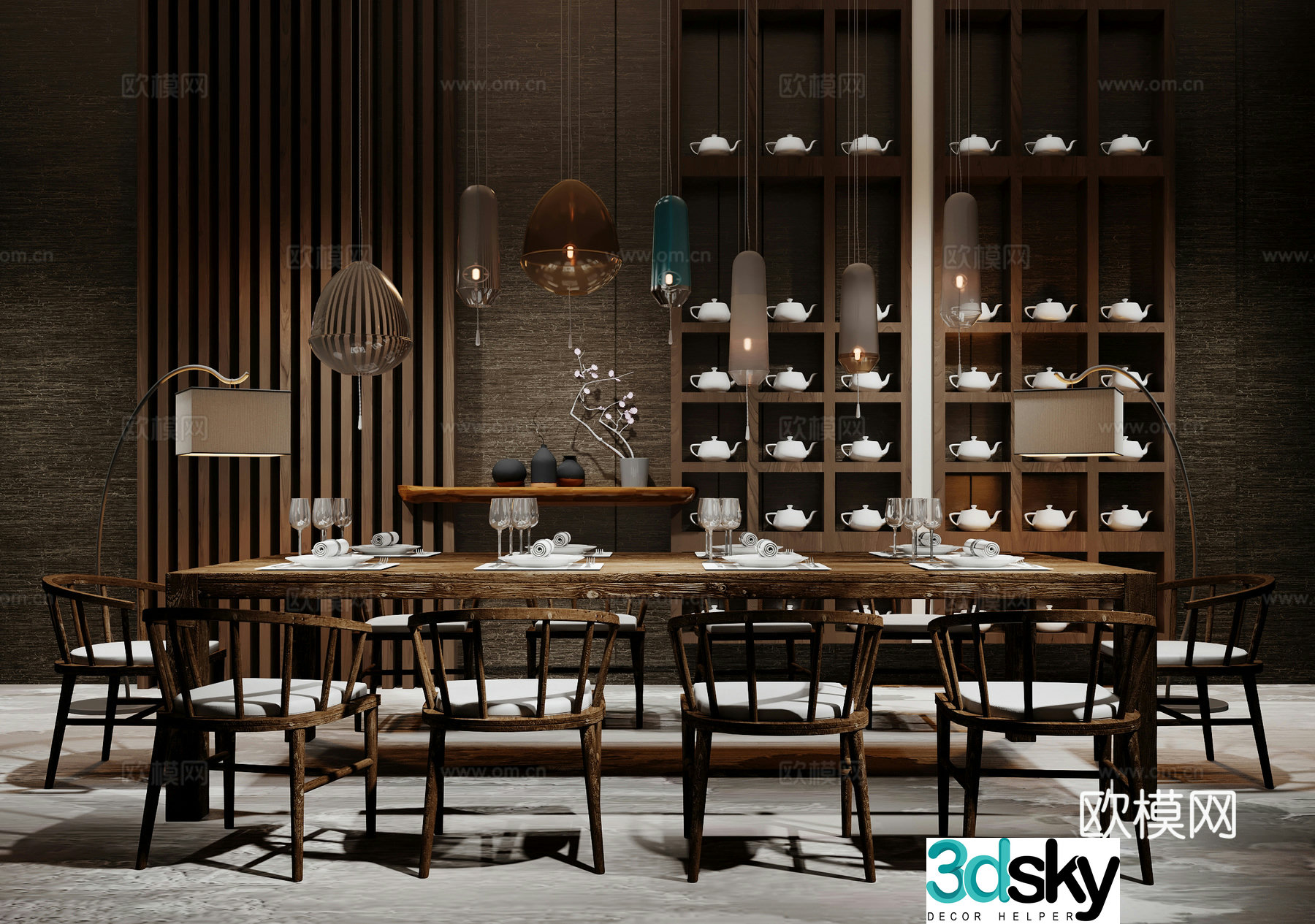 New Chinese restaurant dining chair dining table chandelier floor lamp teapot 3d model