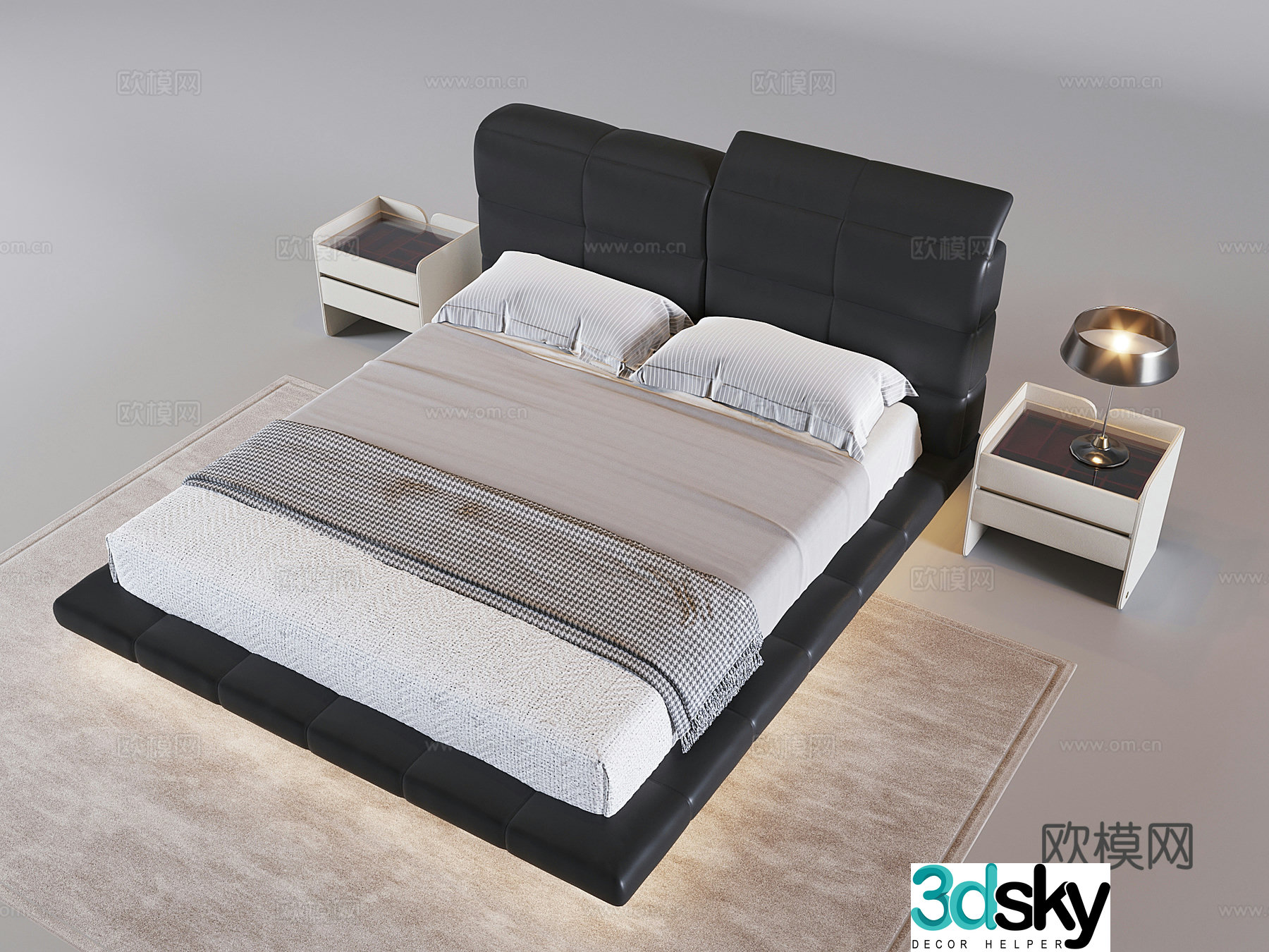 Italian double bed suspended bed solid wood bedside counter desk lamp 3D model