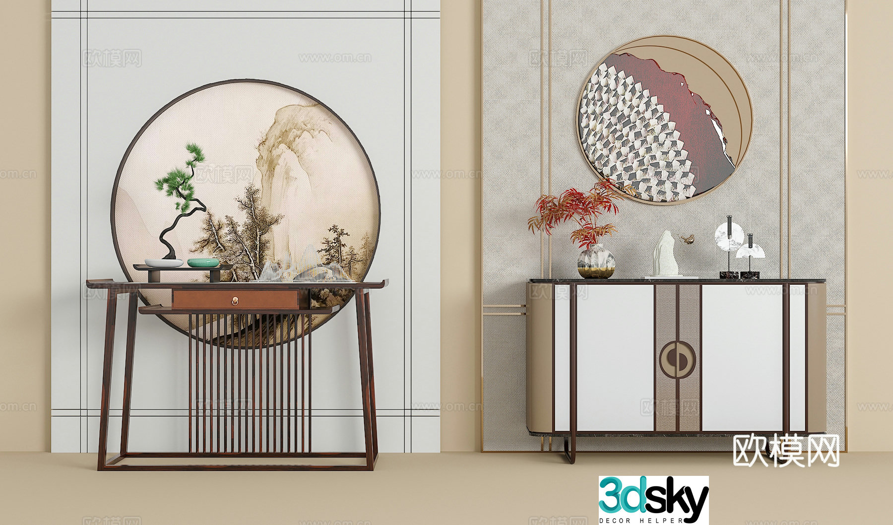 New Chinese style end-view side cabinet porch cabinet hanging painting green plants accessories ornaments 3D model
