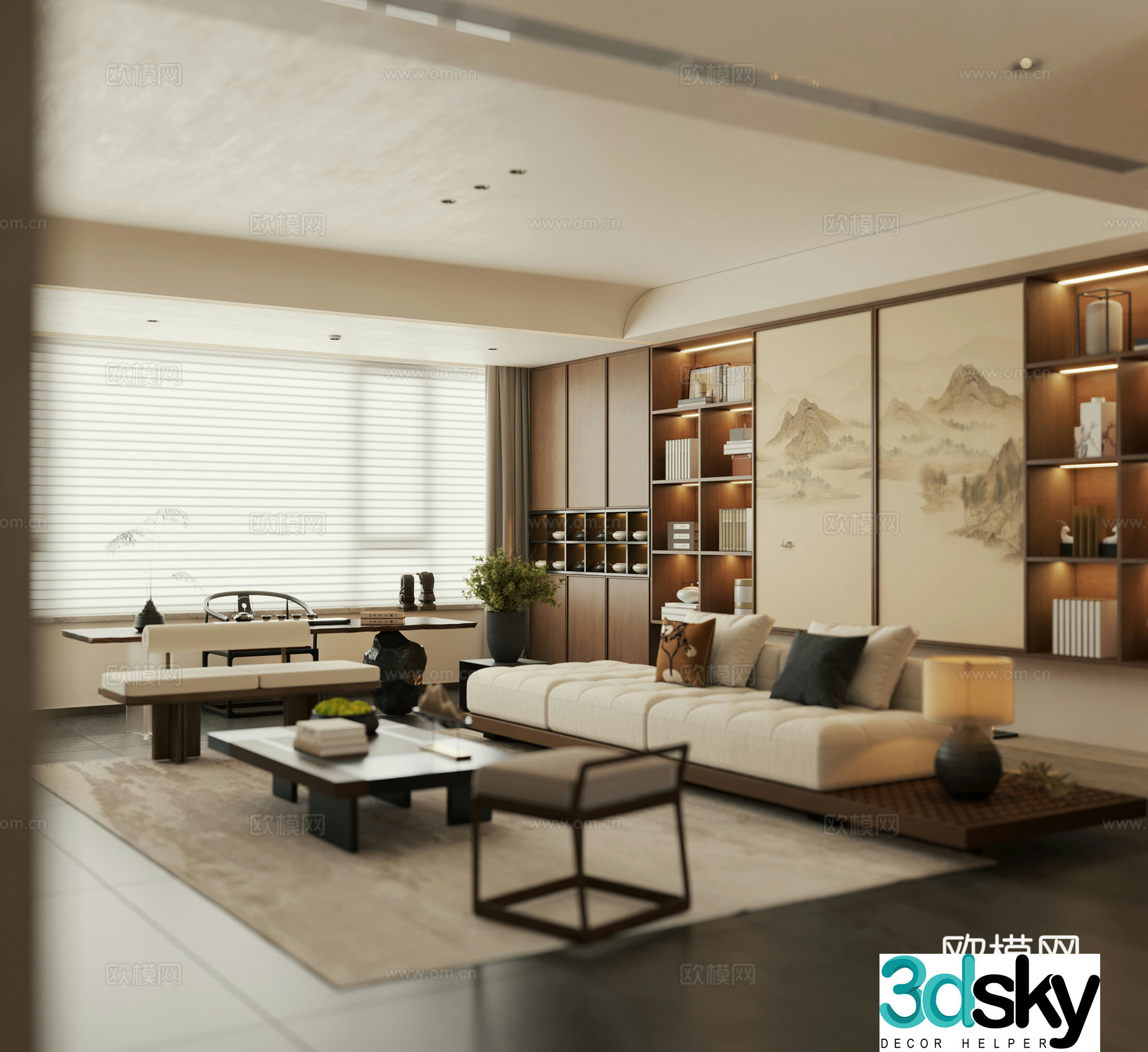 Song style home living room New Chinese style living room horizontal hall Large flat 3D model