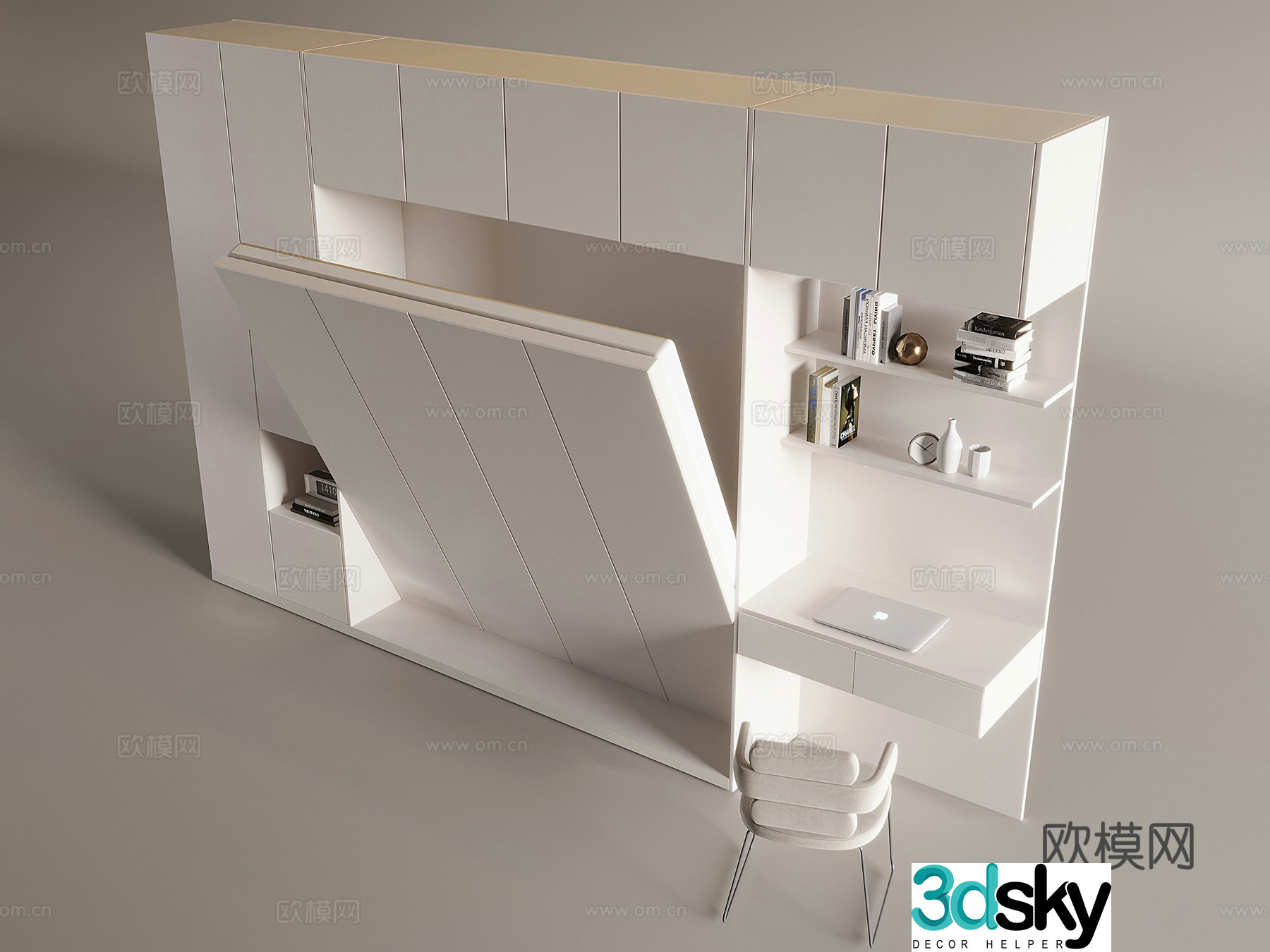 Nordic cream desk and chair invisible bed wardrobe integrated folding bed Murphy side rolling bed desk wardrobe one 3D model