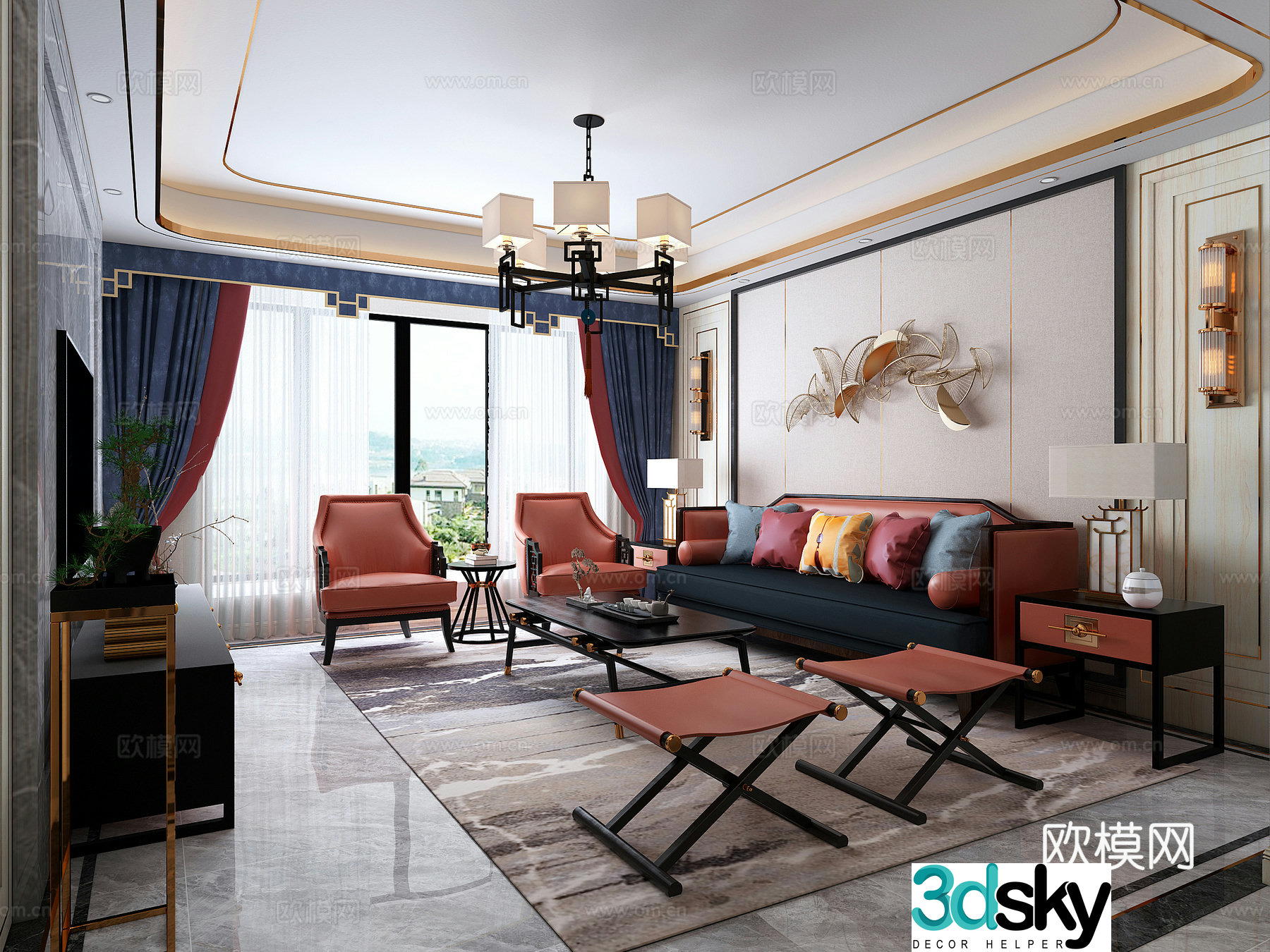 New Chinese style living and dining room sofa curtain carpet 3d model