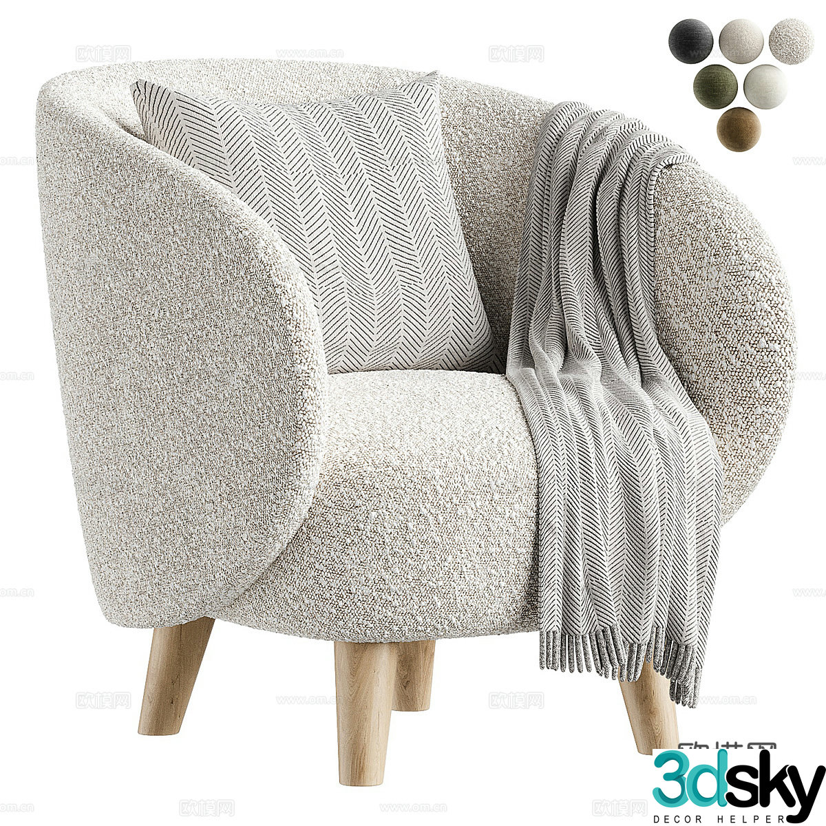 Modern Nordic Cream Style Fabric Armchair 3D Model
