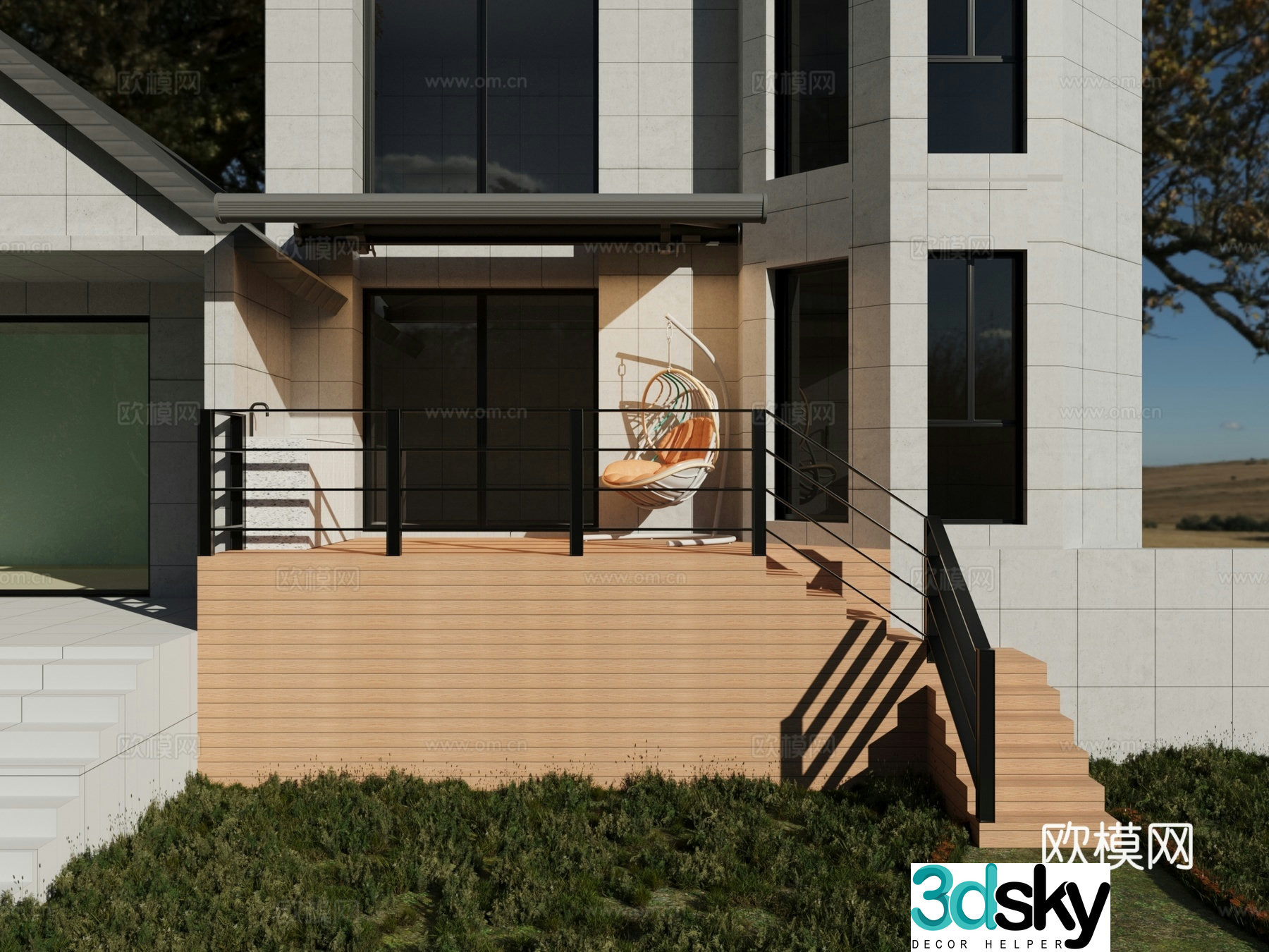 Modern villa outdoor building curved arm sunshade telescopic umbrella anticorrosive wooden staircase hanging chair swing exercise 3d model