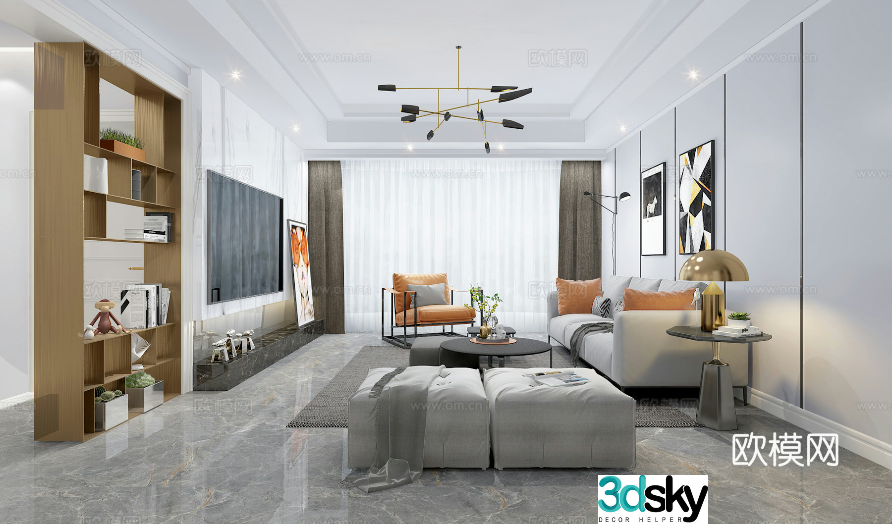 Modern light luxury living and dining room entrance 3D model
