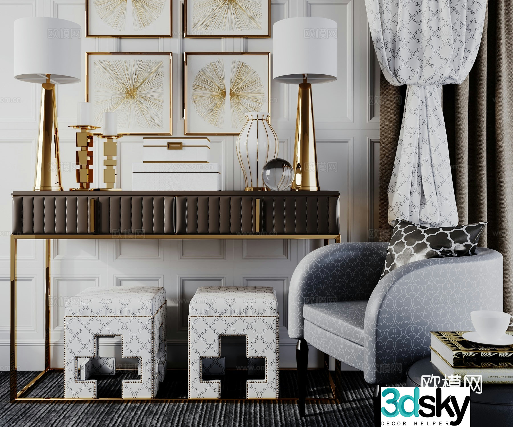Neoclassical entrance cabinet single chair curtain ornament 3D model