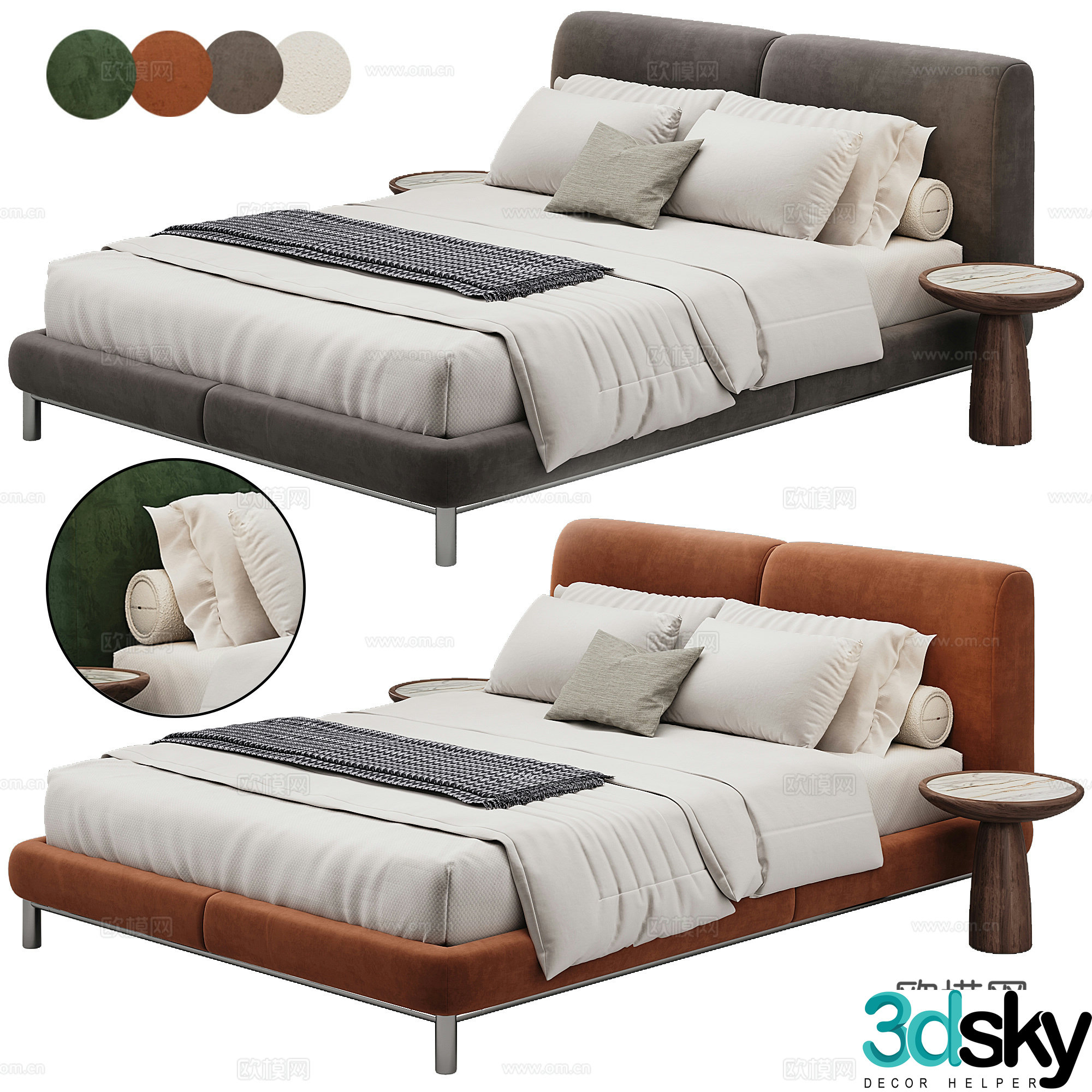 Bedroom modern double bed pillow bedding 3d model